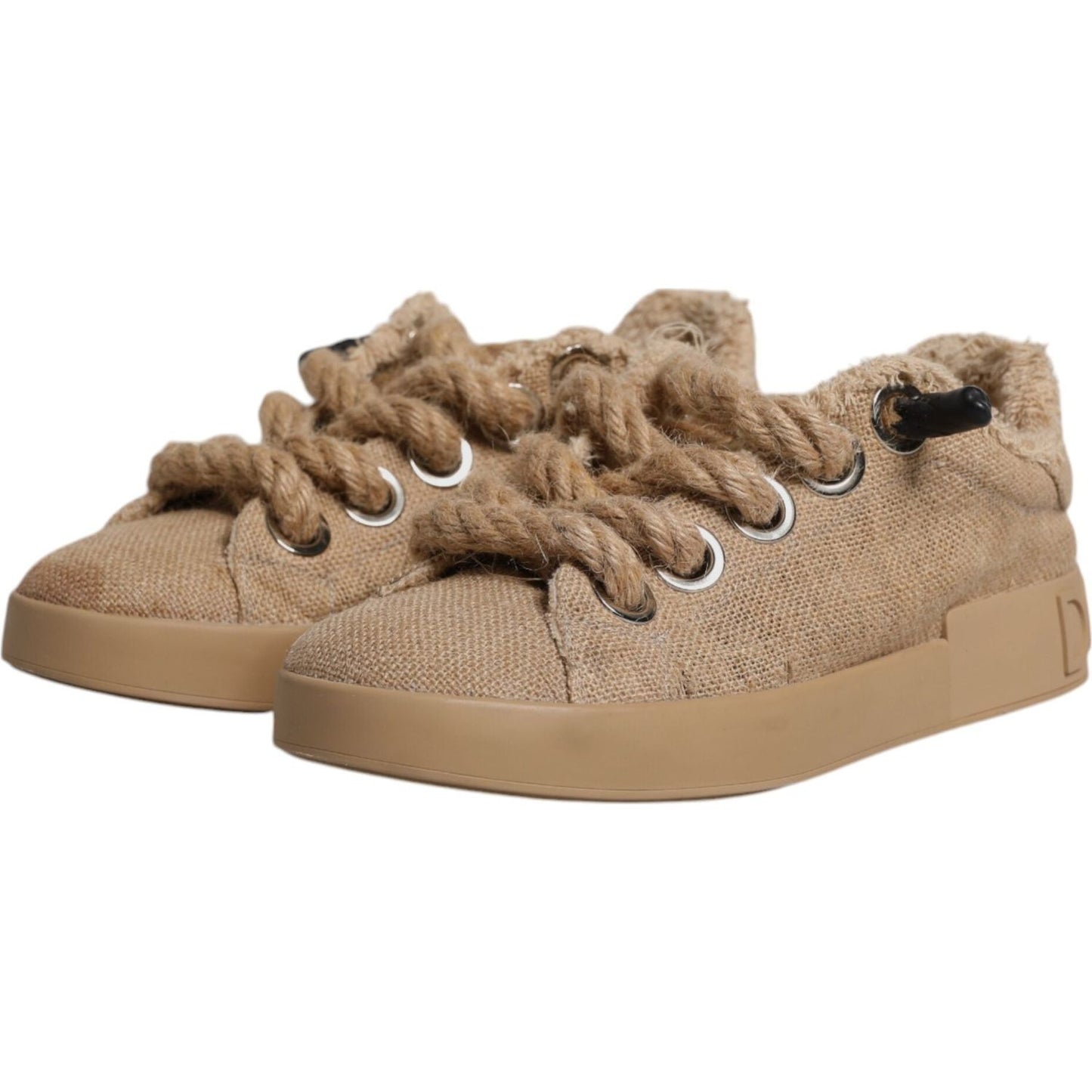 Dolce & Gabbana brown jute fabric low-top men's sneakers with round toes, rubber soles, and lace-up closure. Stylish Italian design.