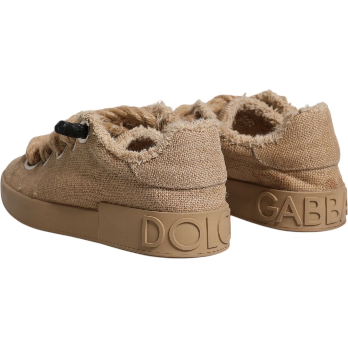Dolce & Gabbana brown jute fabric low top men's sneakers with logo detailing, rubber sole, and minor defects on back view.