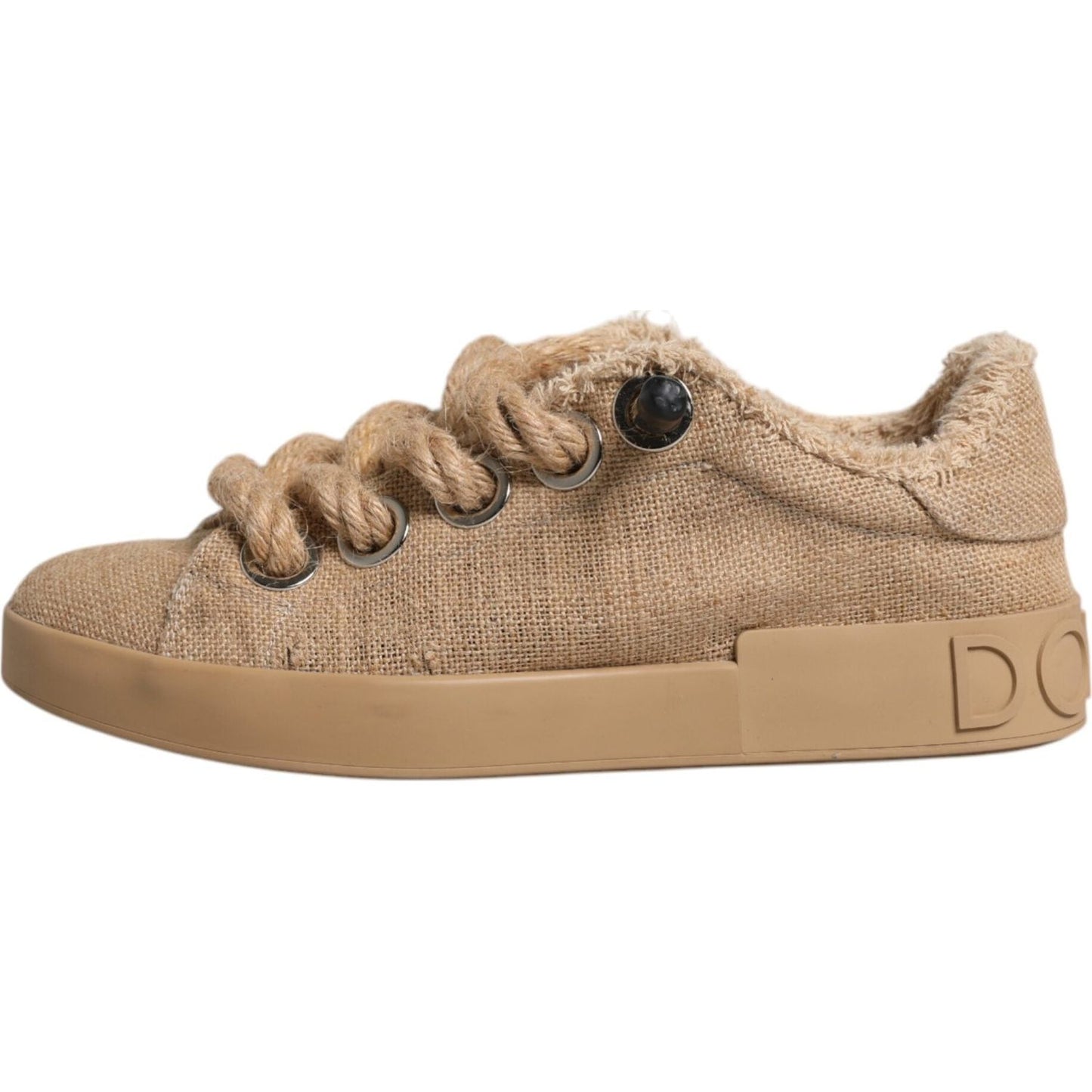 Dolce & Gabbana brown jute low top men's sneakers with lace-up closure and rubber sole, featuring logo details and minor defects.