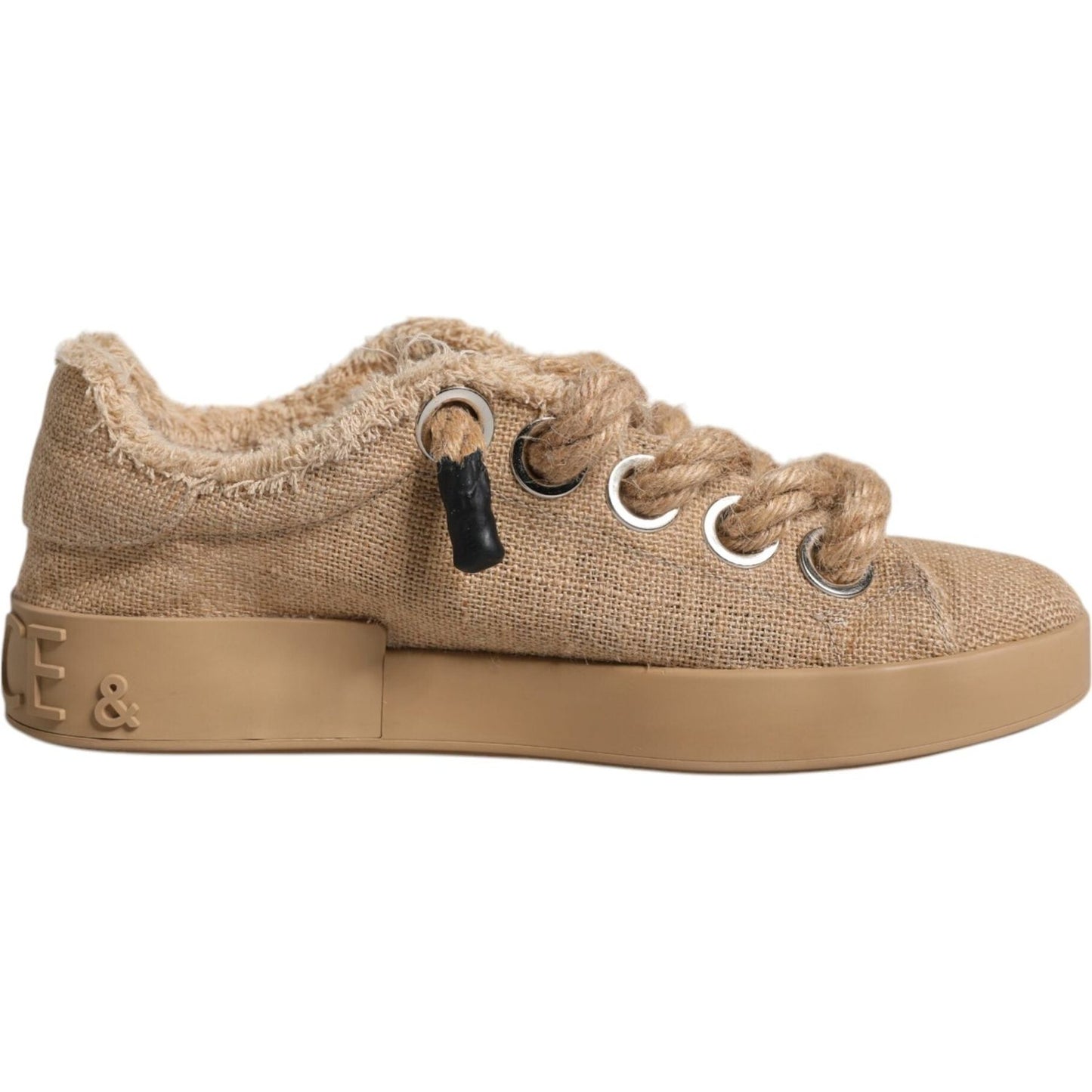 Dolce & Gabbana brown jute low top men sneakers with round toes, lace-up closure, rubber sole, and minor discolorations.