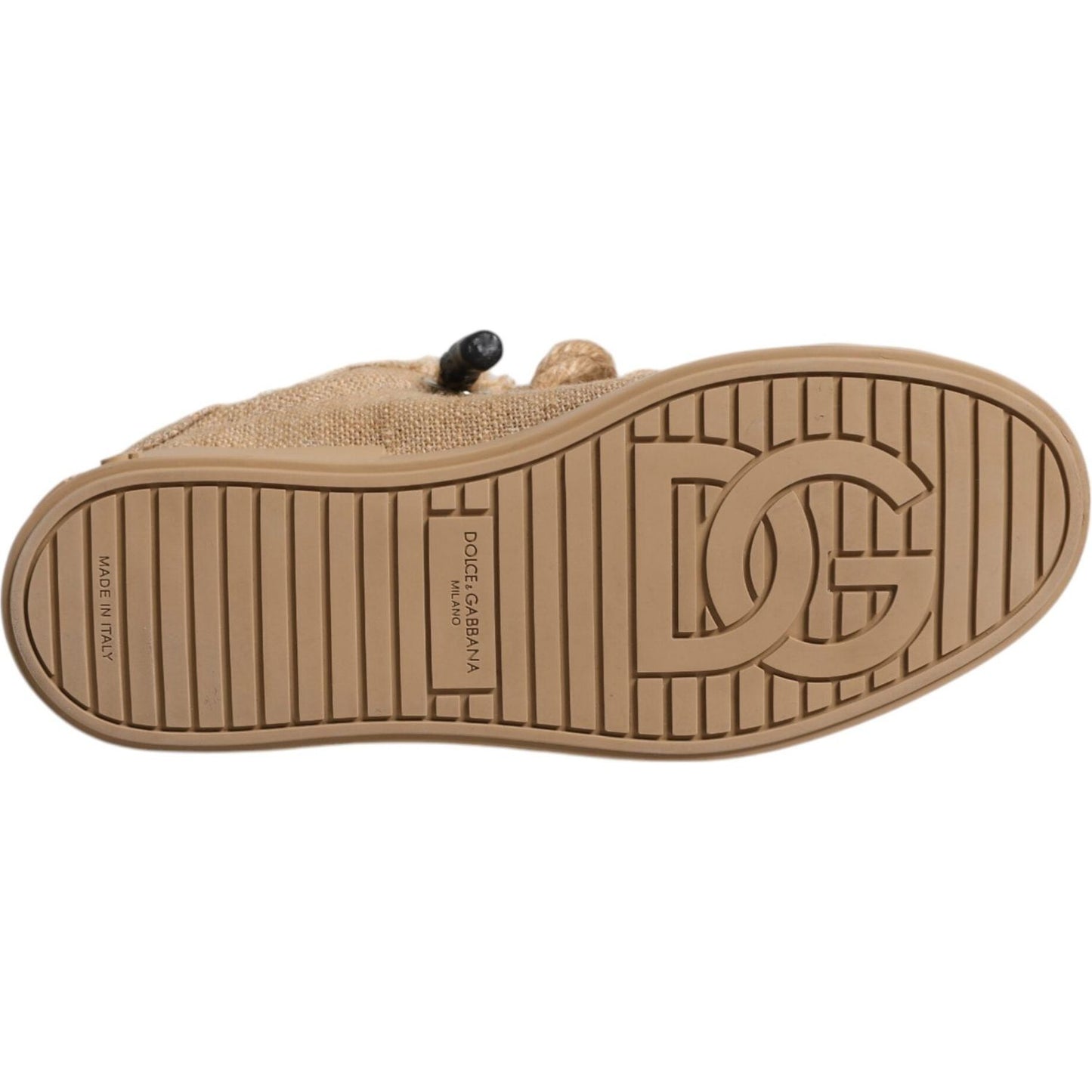 Sole view of Dolce & Gabbana brown jute low-top sneakers, featuring rubber sole with logo details. Made in Italy.
