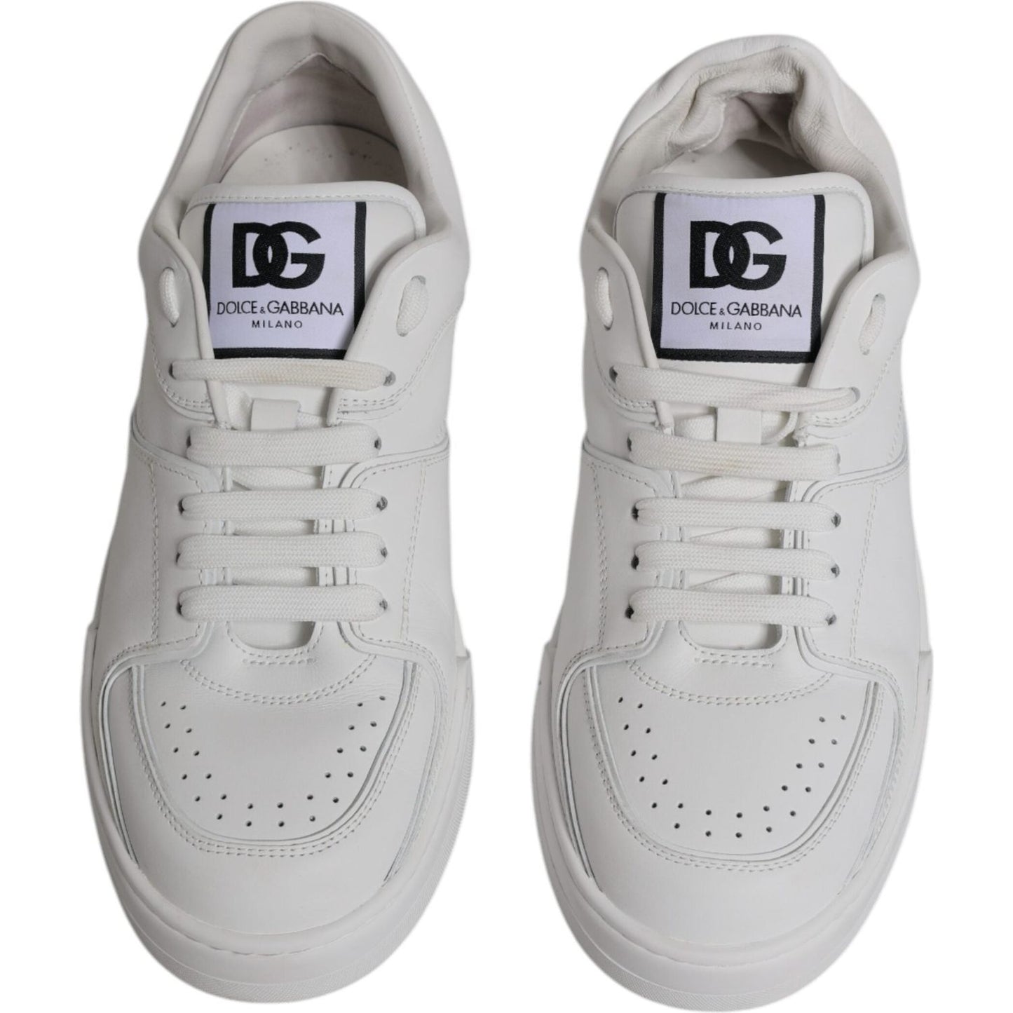 Dolce & Gabbana white Miami leather low top sneakers with logo detail and lace-up closure, featuring rubber sole and calfskin material.