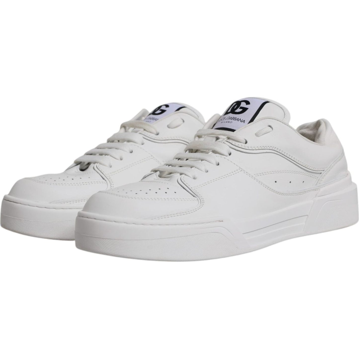 Dolce & Gabbana White Miami Leather Low Top Sneakers with rubber sole and lace-up closure, showcasing logo details.