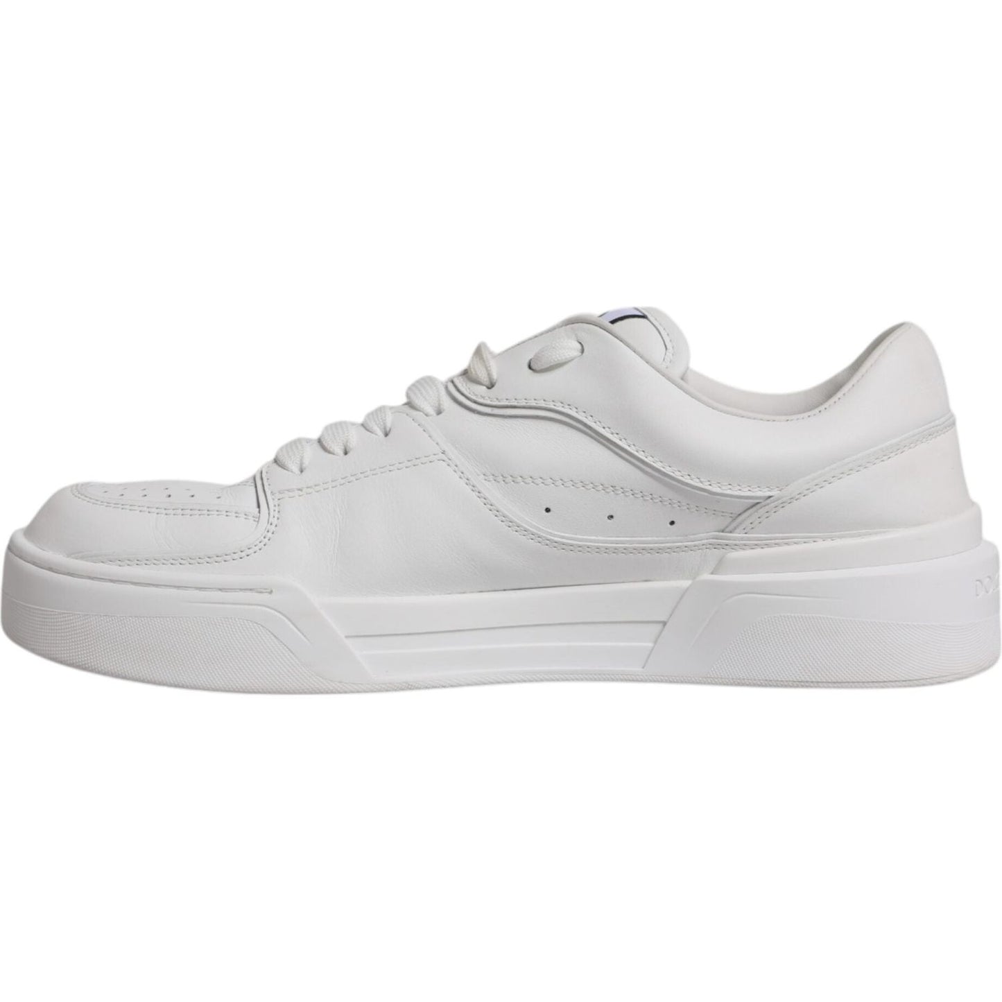 Dolce & Gabbana White Miami Leather Low Top Sneaker featuring calfskin material, rubber sole, and lace-up closure, side view.