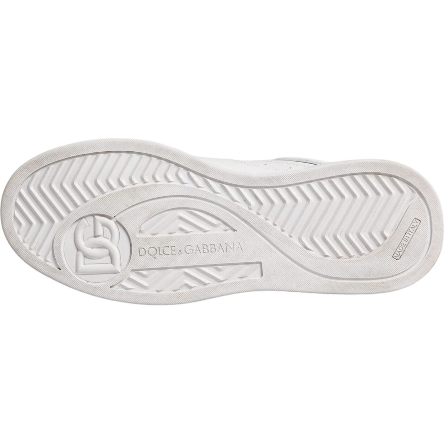 Sole view of Dolce & Gabbana White Miami Leather Low Top Sneakers featuring logo detail and zigzag pattern.