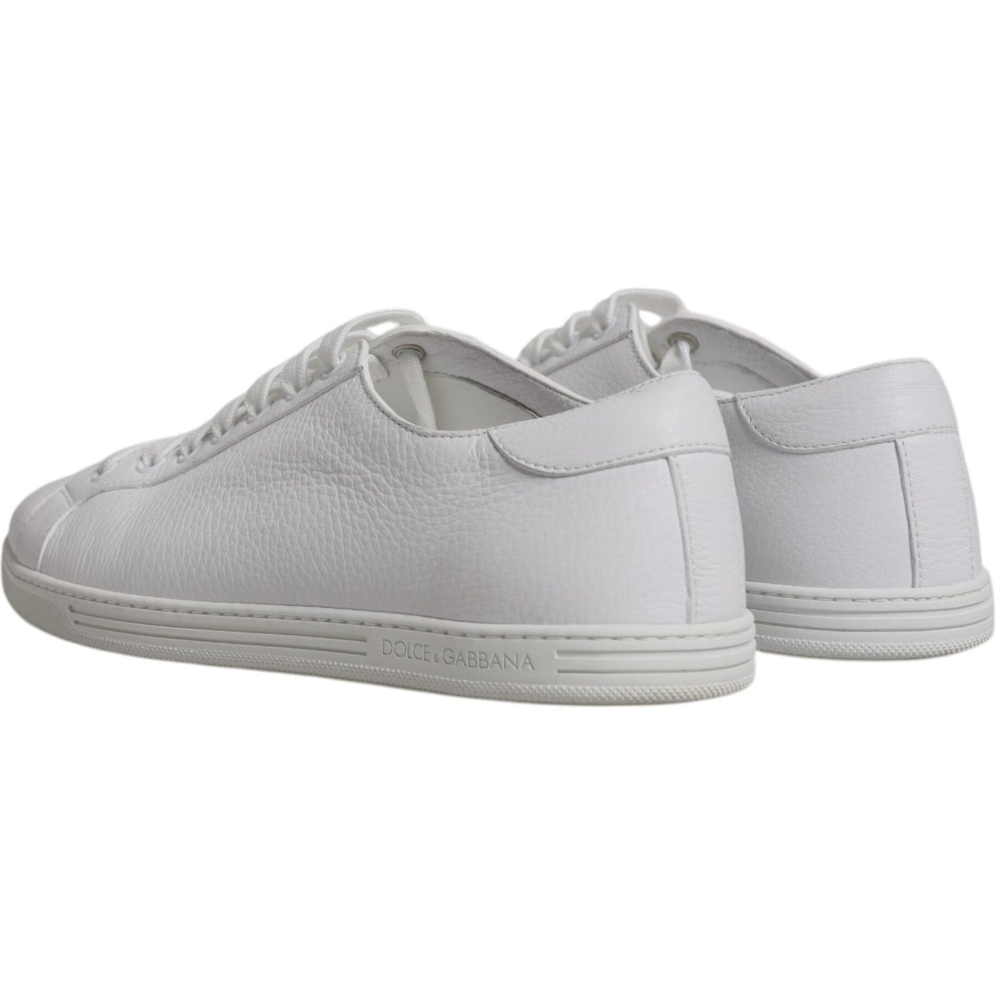 Dolce & Gabbana white leather low top men's sneakers with embossed logo on rubber sole, rear view