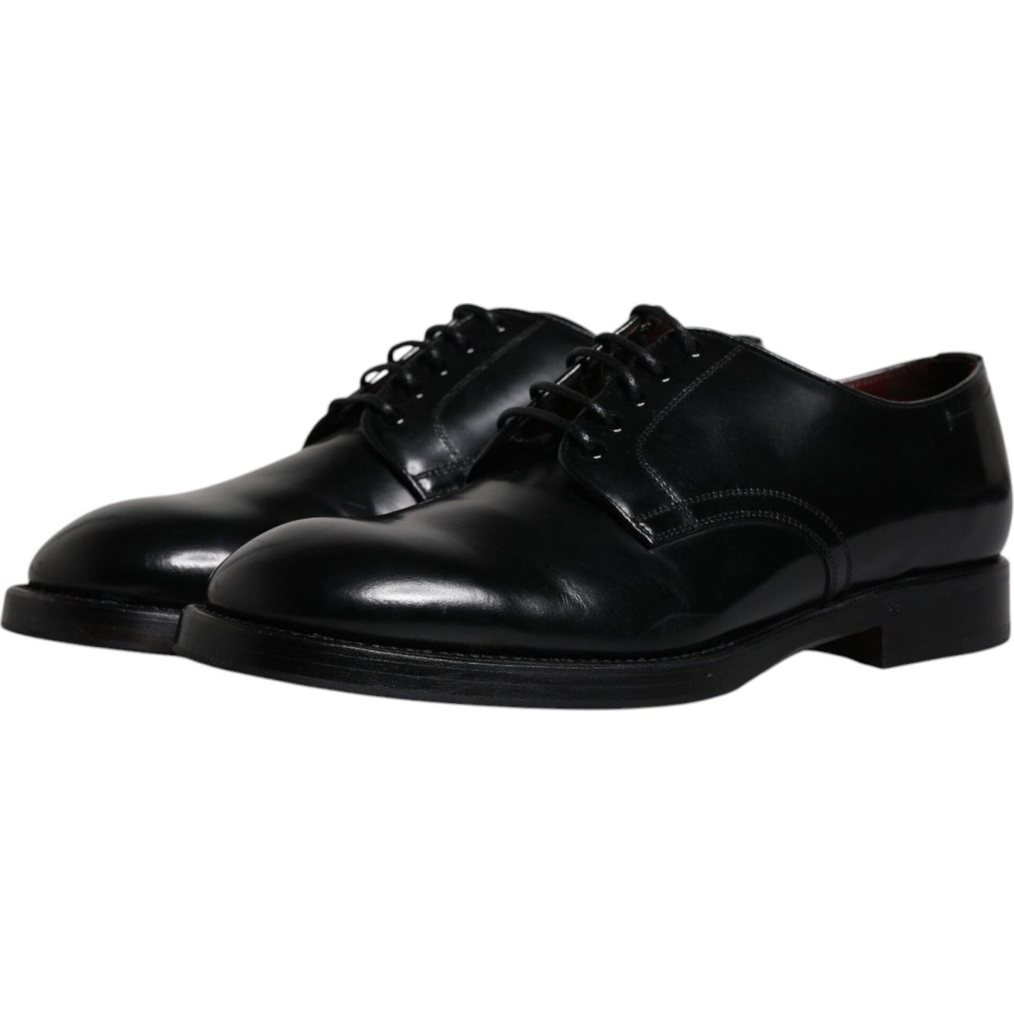 Dolce & Gabbana black leather lace-up men's derby formal shoes, calf leather with logo details, made in Italy, dress shoes with light scratches.