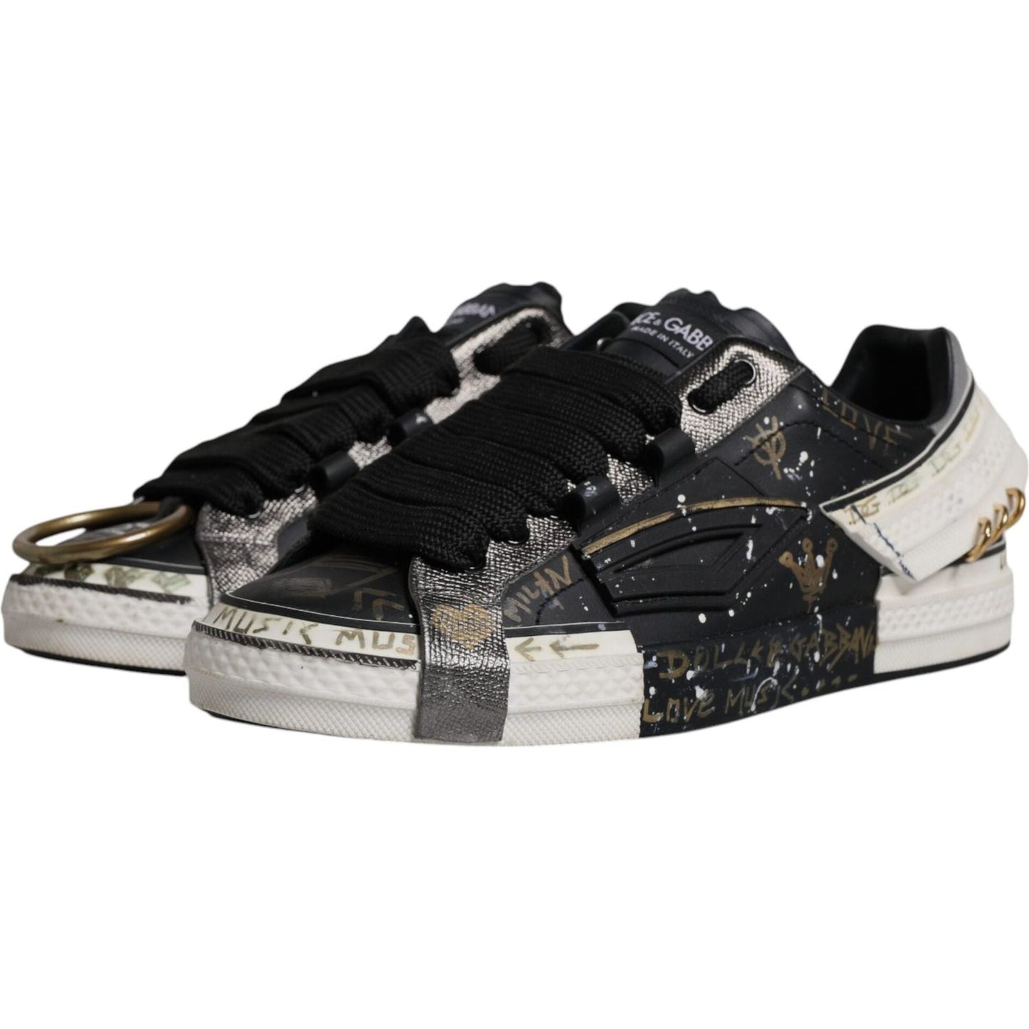 Dolce & Gabbana Portofino black white low top sneakers, preowned, leather, rubber sole, logo details, luxury footwear, made in Italy.
