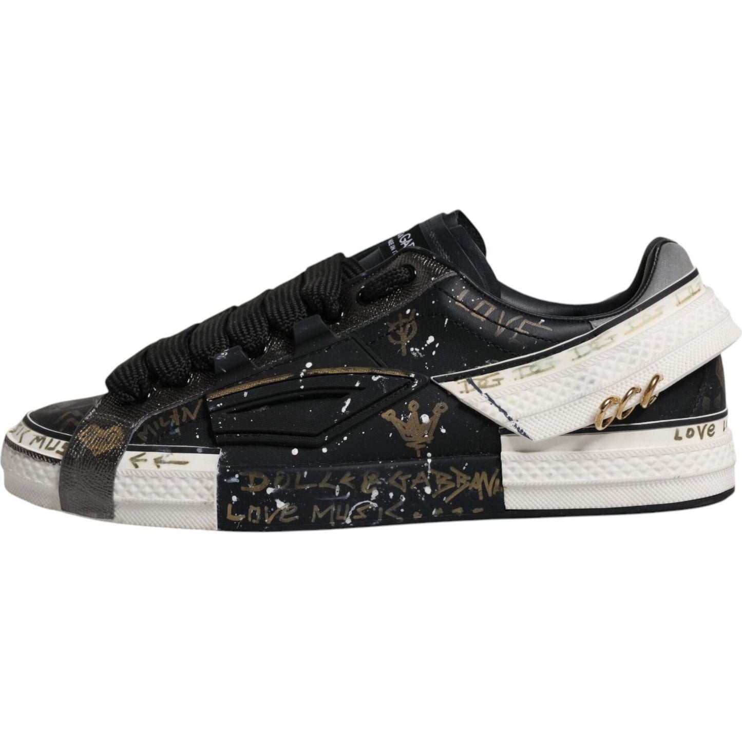 Dolce & Gabbana black and white Portofino low top sneakers, preowned leather shoes, rubber sole, made in Italy, exclusive design.
