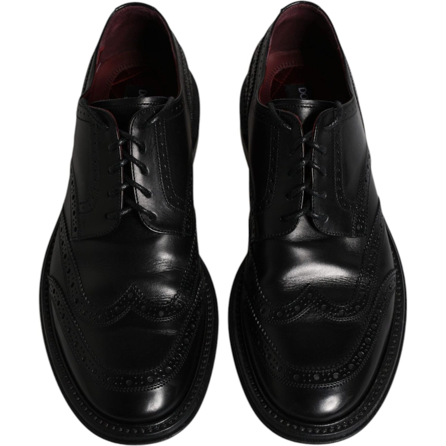 Dolce & Gabbana black leather derby wingtip formal shoes, calfskin, lace-up, missing logo on one shoe, authentic, preowned with tags.