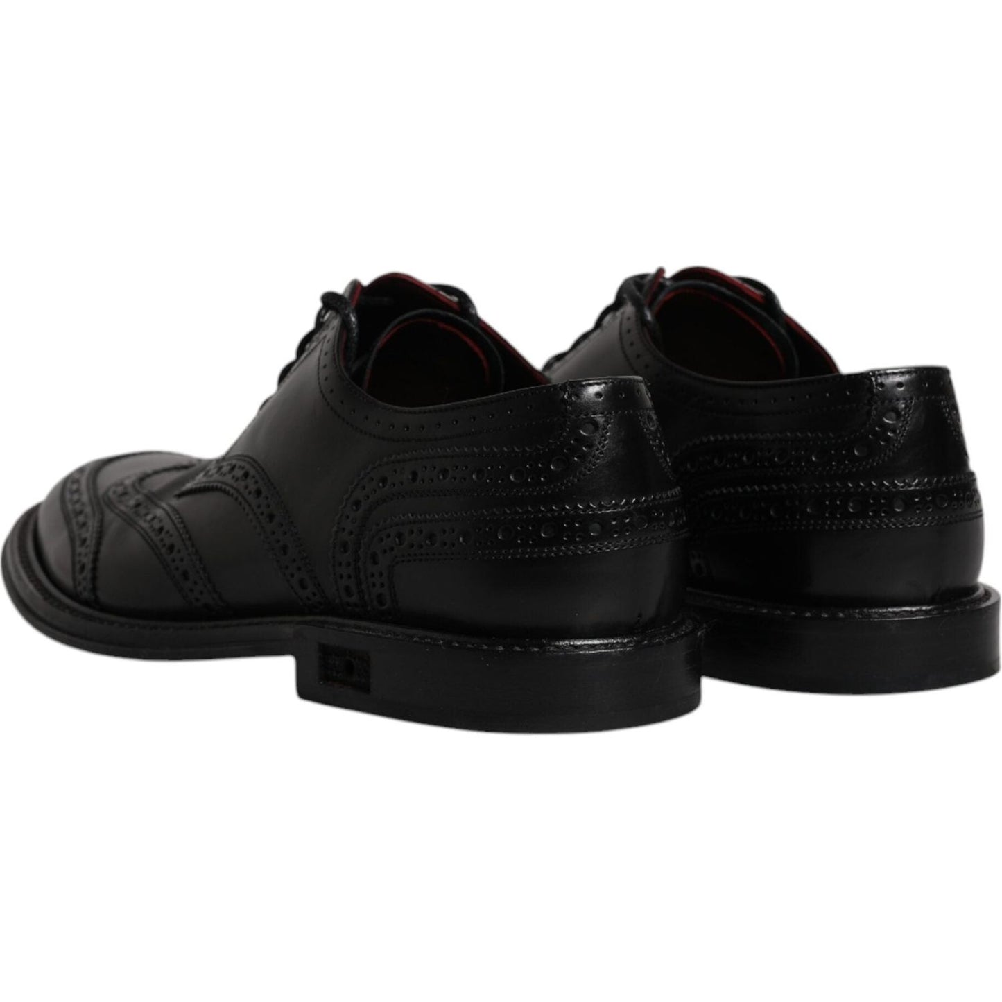 Dolce & Gabbana black leather derby wingtip shoes, back view, calfskin leather, lace-up, logo detail, made in Italy, preowned.