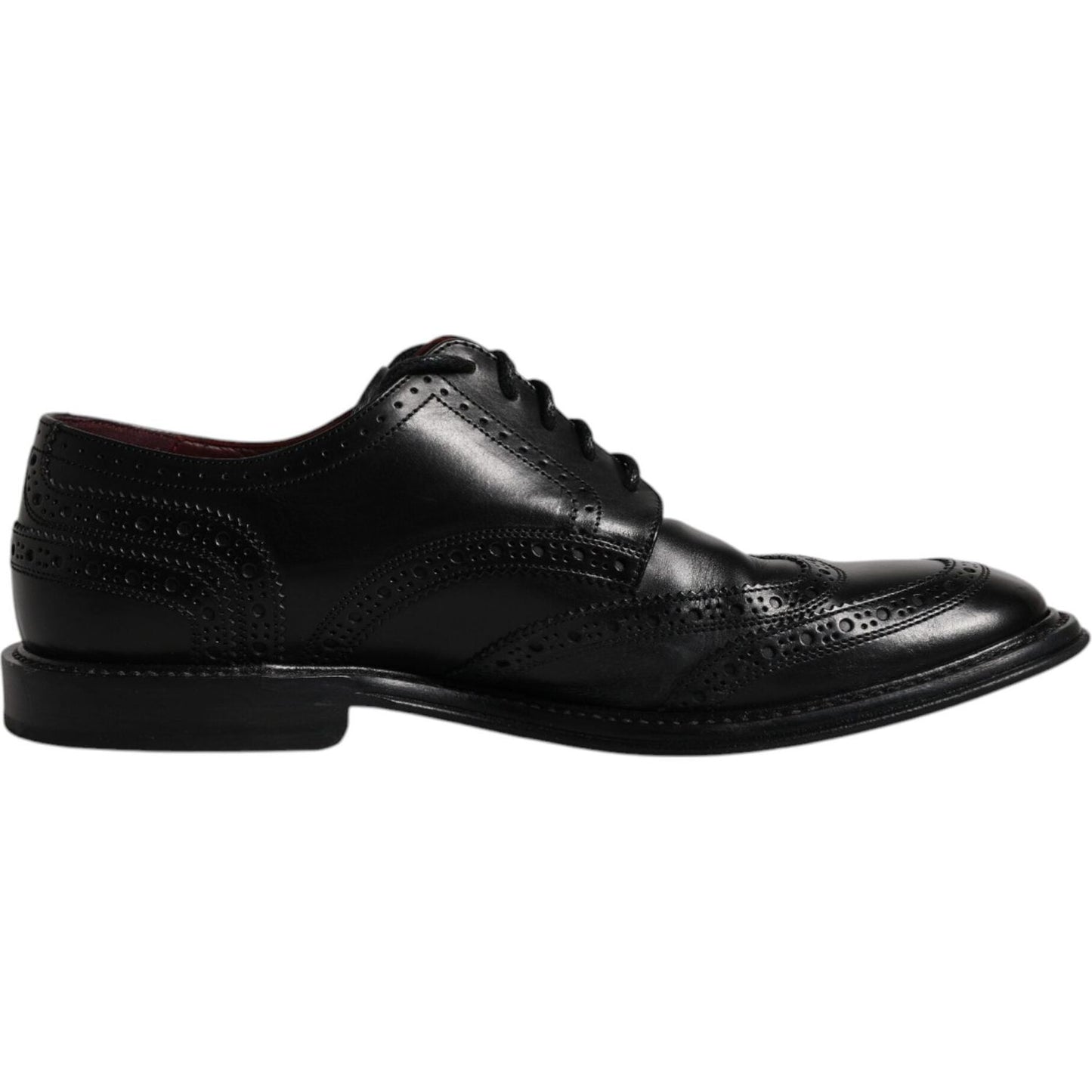 Dolce & Gabbana black leather derby wingtip formal shoes, calfskin, lace-up, logo detail, preowned with tags, missing logo on one shoe.
