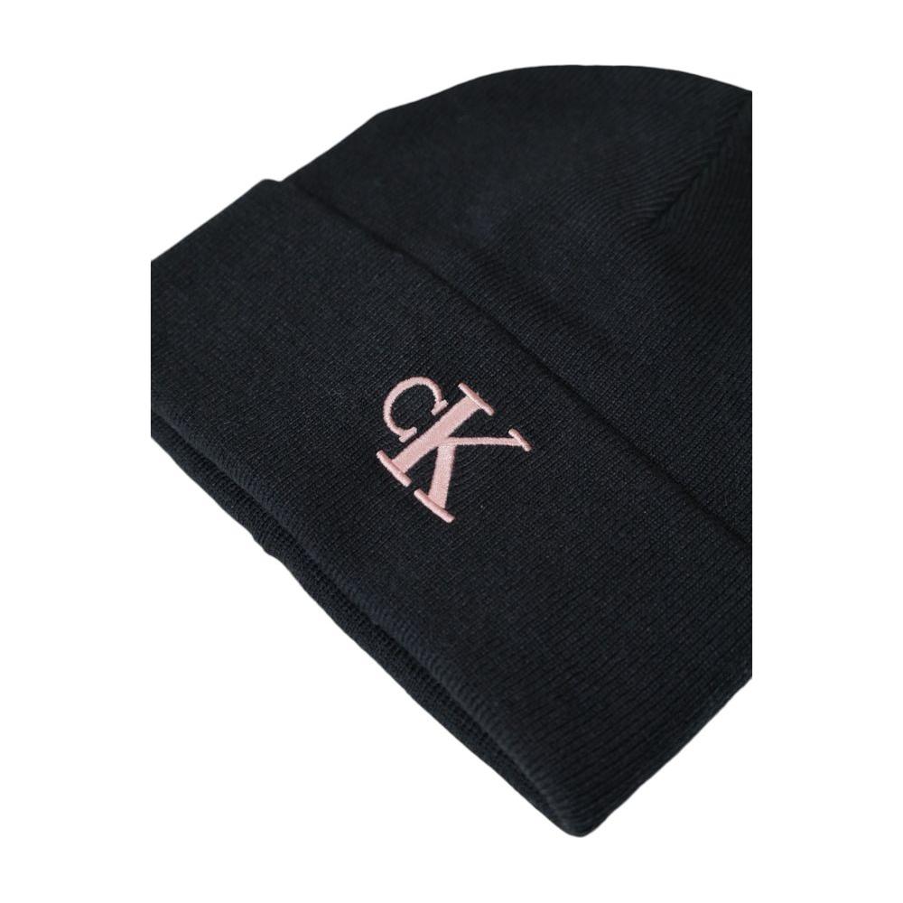 Calvin Klein Jeans pink embroidered logo beanie in recycled polyester, showcasing sustainable fashion with modern style.