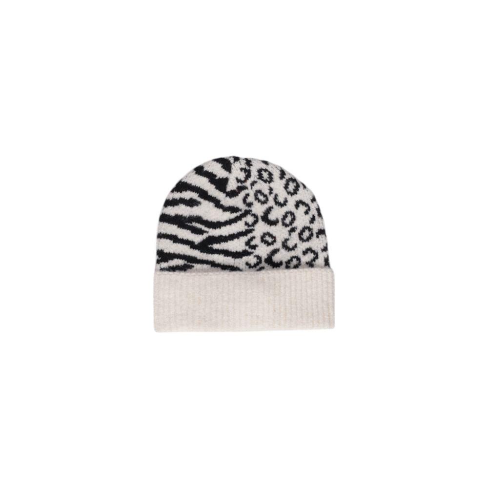 White acrylic animal print beanie with zebra and leopard patterns, perfect for winter fashion. Made from acrylic, polyester, and elastane.