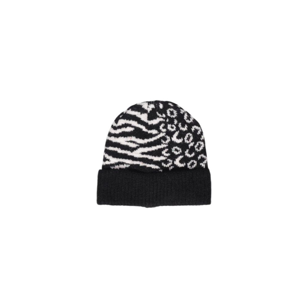 Black acrylic beanie with animal print design for winter fashion; 68% acrylic, 28% polyester, 4% elastane for warmth and style.