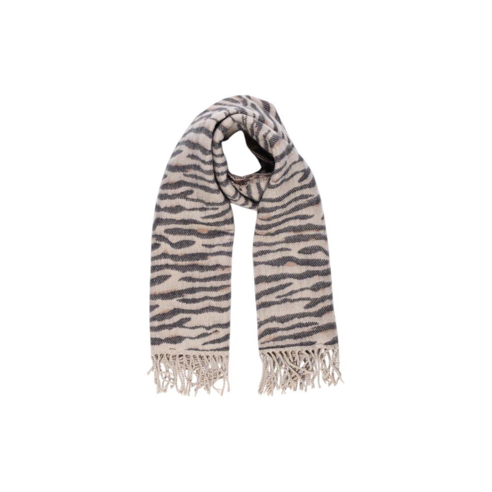 Pieces Beige Acrylic Scarf with zebra print and fringes, made from sustainable materials for chic and versatile style.