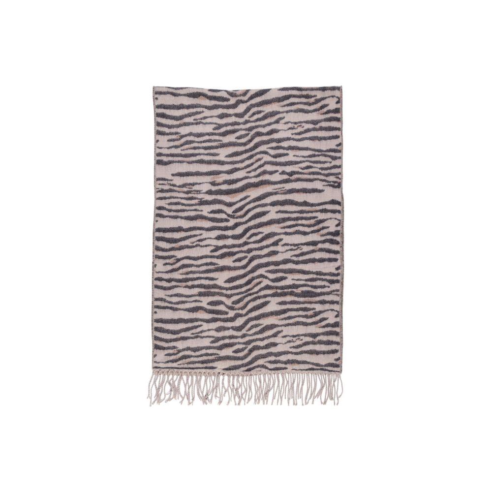 Pieces Beige Acrylic Scarf with fringe, featuring a chic animal print design made from 50% acrylic and 50% recycled polyester, sustainable fashion.