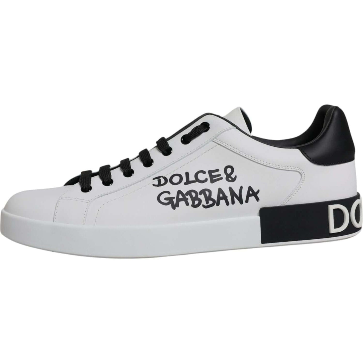Dolce & Gabbana white leather Portofino sneakers with black logo, lace-up closure, made in Italy, lightly preowned with minor wear marks.