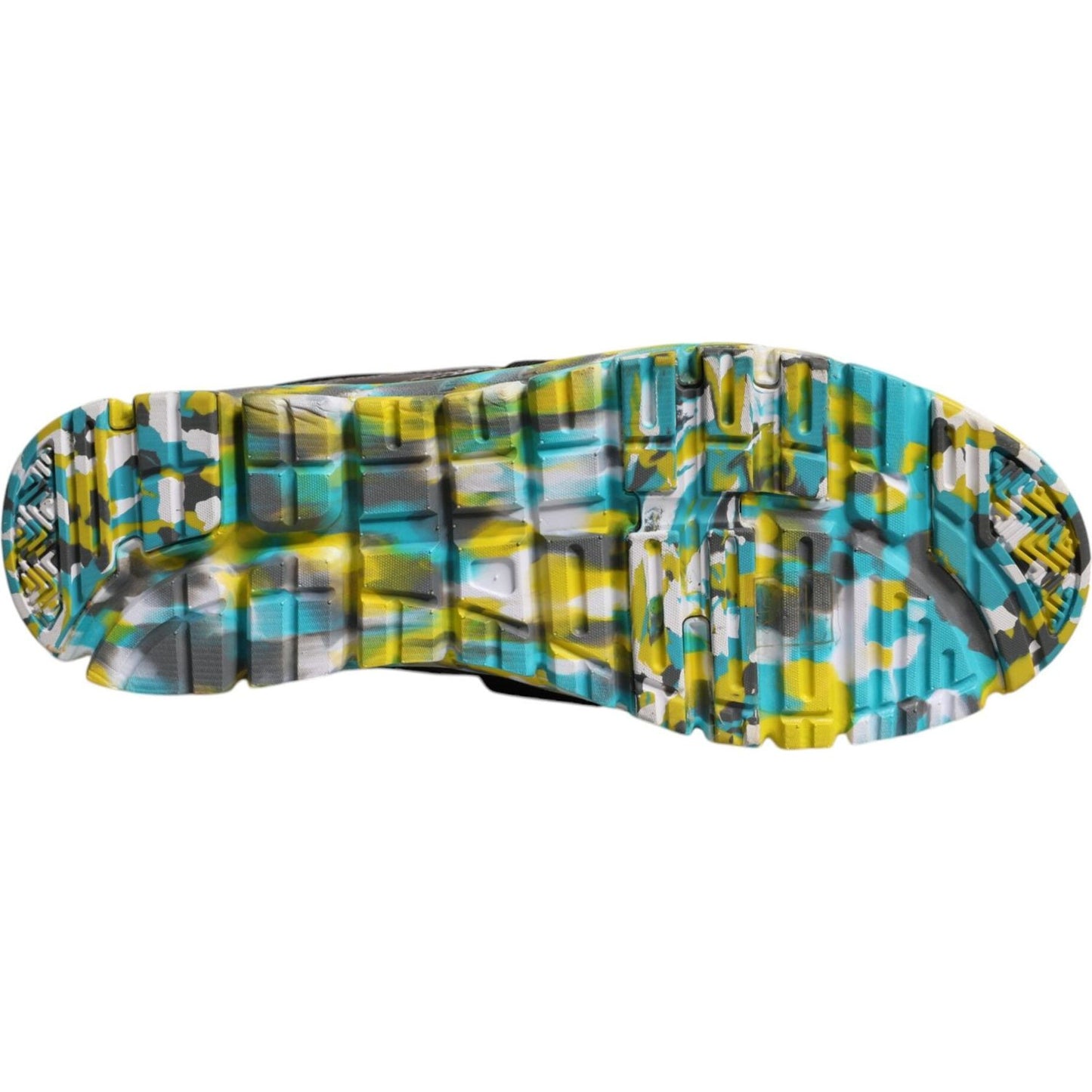 Colorful sole of Dolce & Gabbana black low top sneakers, featuring a vibrant pattern of yellow, green, and blue. High-end Italian design.