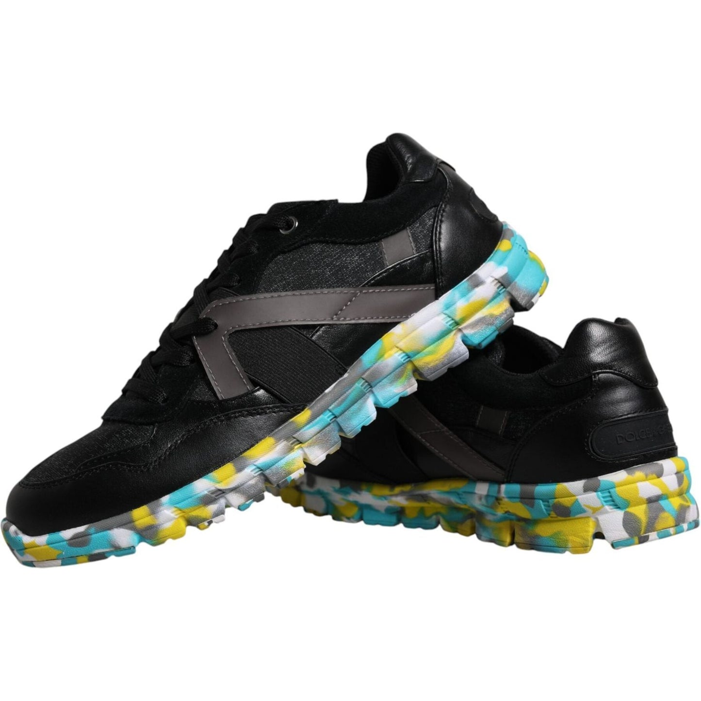 Dolce & Gabbana black low top men's sneakers with colorful rubber sole, made of polyester, calf, PVC, and lamb leather.