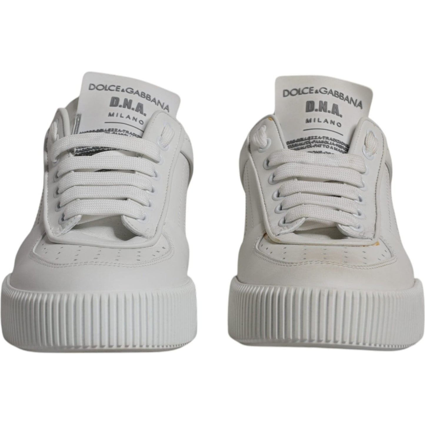 Dolce & Gabbana White Miami Leather Low Top Sneakers with logo detail, lace-up closure, made in Italy. Small defects visible.