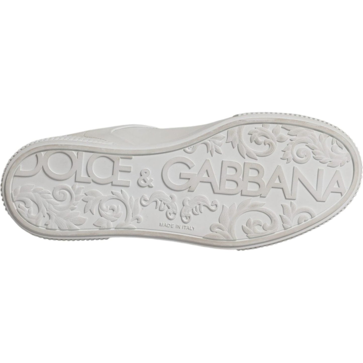 Sole of Dolce & Gabbana white Miami leather low top sneakers with brand logo and floral design pattern details.