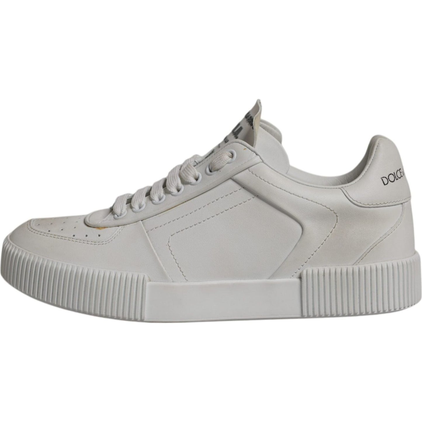 Dolce & Gabbana White Miami Leather Low Top Sneakers with minor defects, featuring calfskin leather, rubber sole, and lace-up closure.