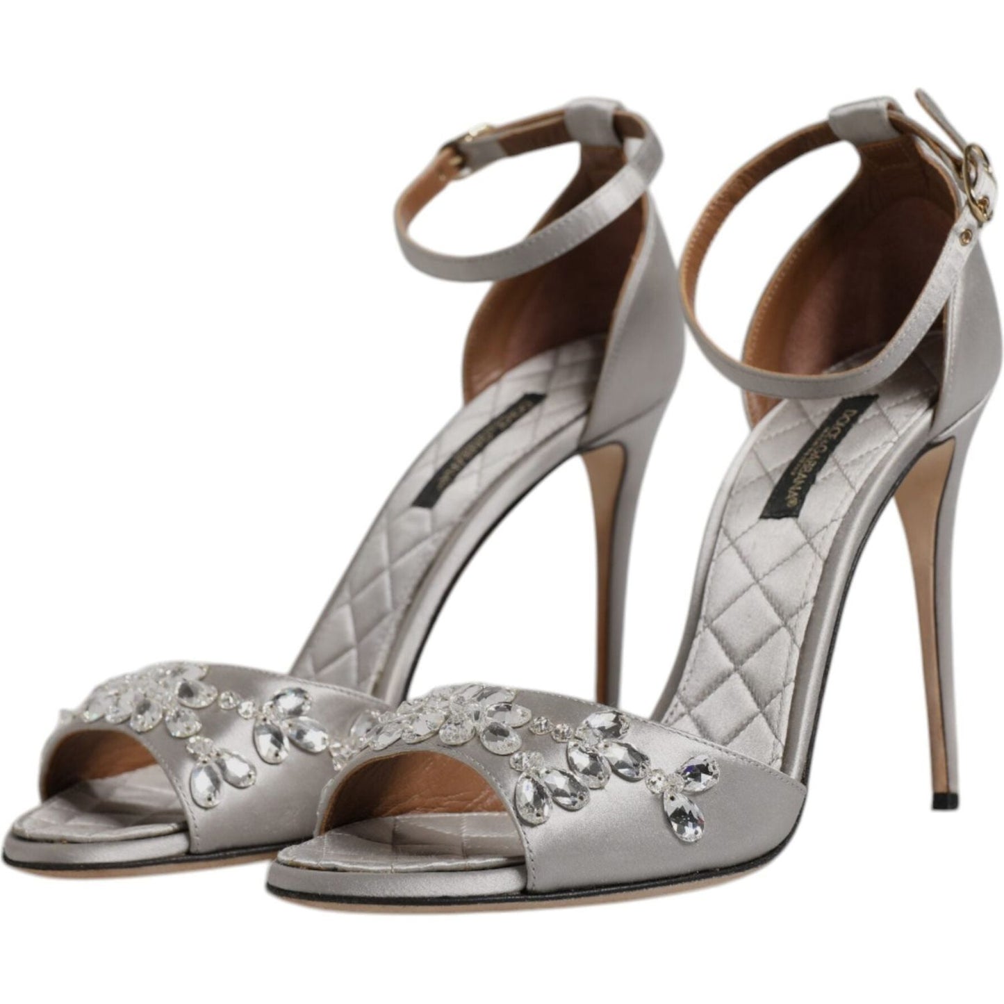 Dolce & Gabbana silver crystal-embellished ankle strap sandals with leather sole and buckle closure, slightly preowned high heels.