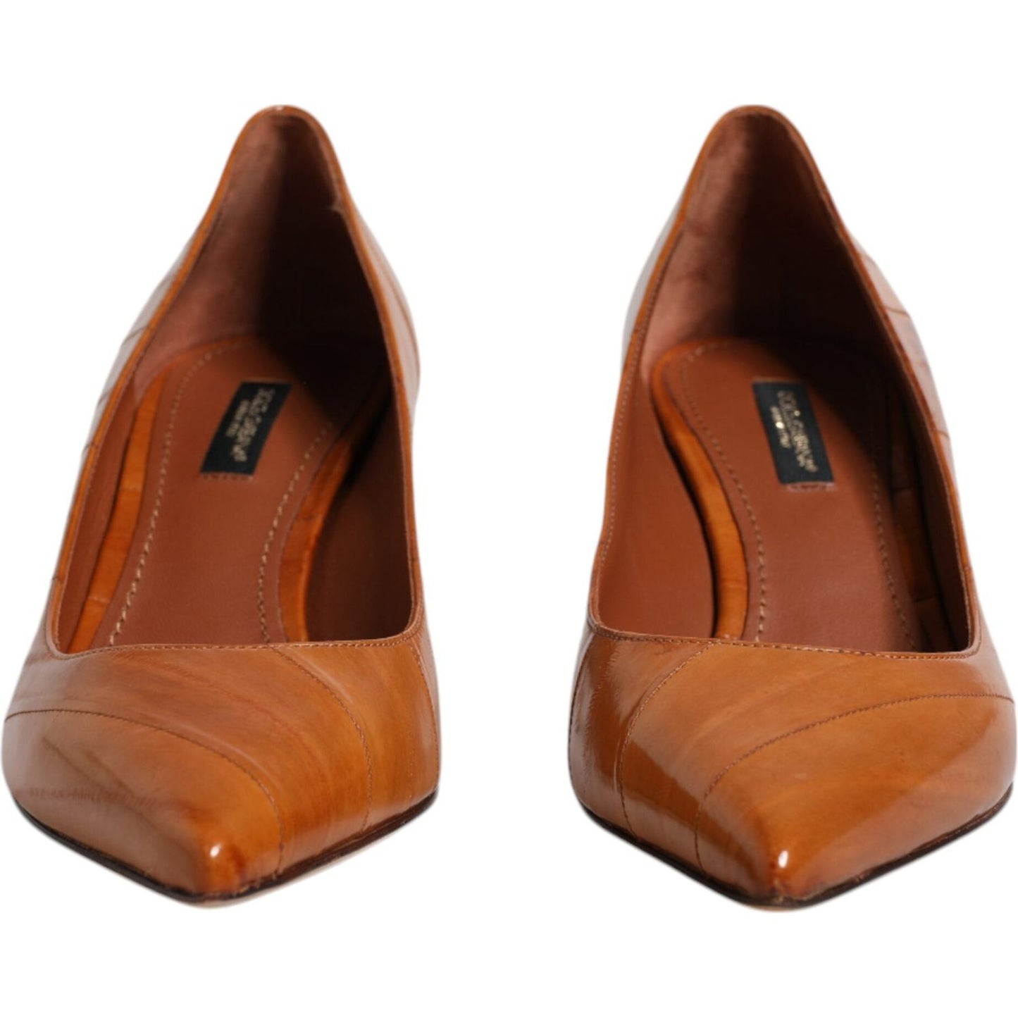 Dolce & Gabbana brown eel leather kitten heels pumps with logo detail, made in Italy, showing slight discoloration.