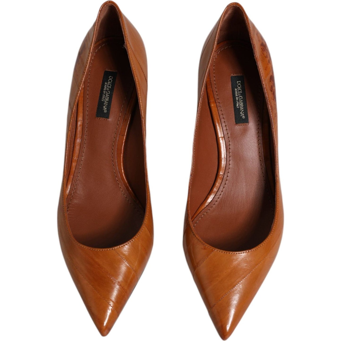 Dolce & Gabbana brown leather kitten heels pumps with logo details, made from 100% eel leather, view showing minor discoloration.