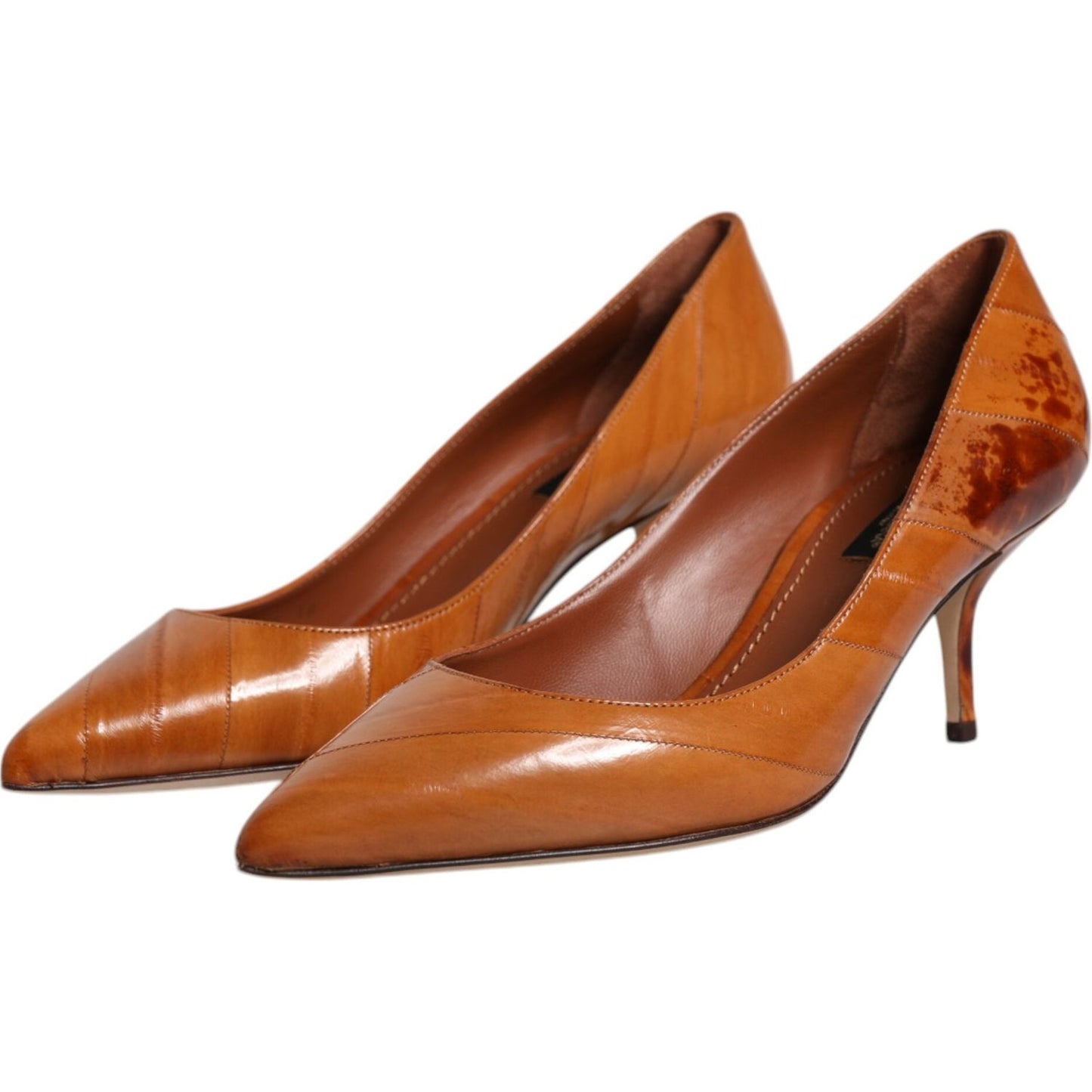 Dolce & Gabbana brown eel leather kitten heels pumps with minor discolorations, featuring logo details and leather sole, made in Italy.