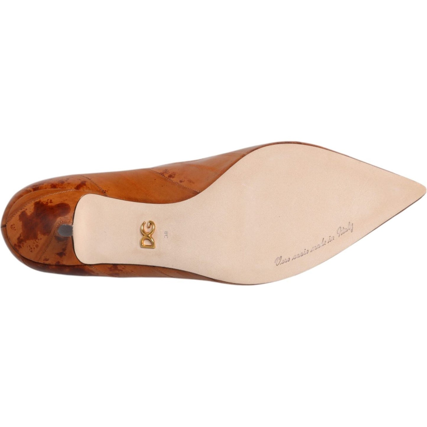 Sole view of Dolce & Gabbana brown leather kitten heels pumps with logo, made in Italy, showing minor discolorations.