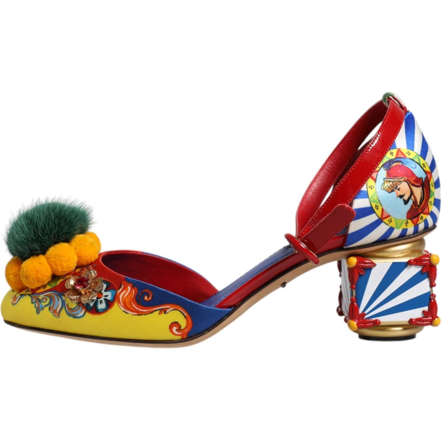 Dolce & Gabbana Multicolor Carretto Crystal Fur Sandals with pom-pom detail, silk and leather, made in Italy, luxury fashion footwear.