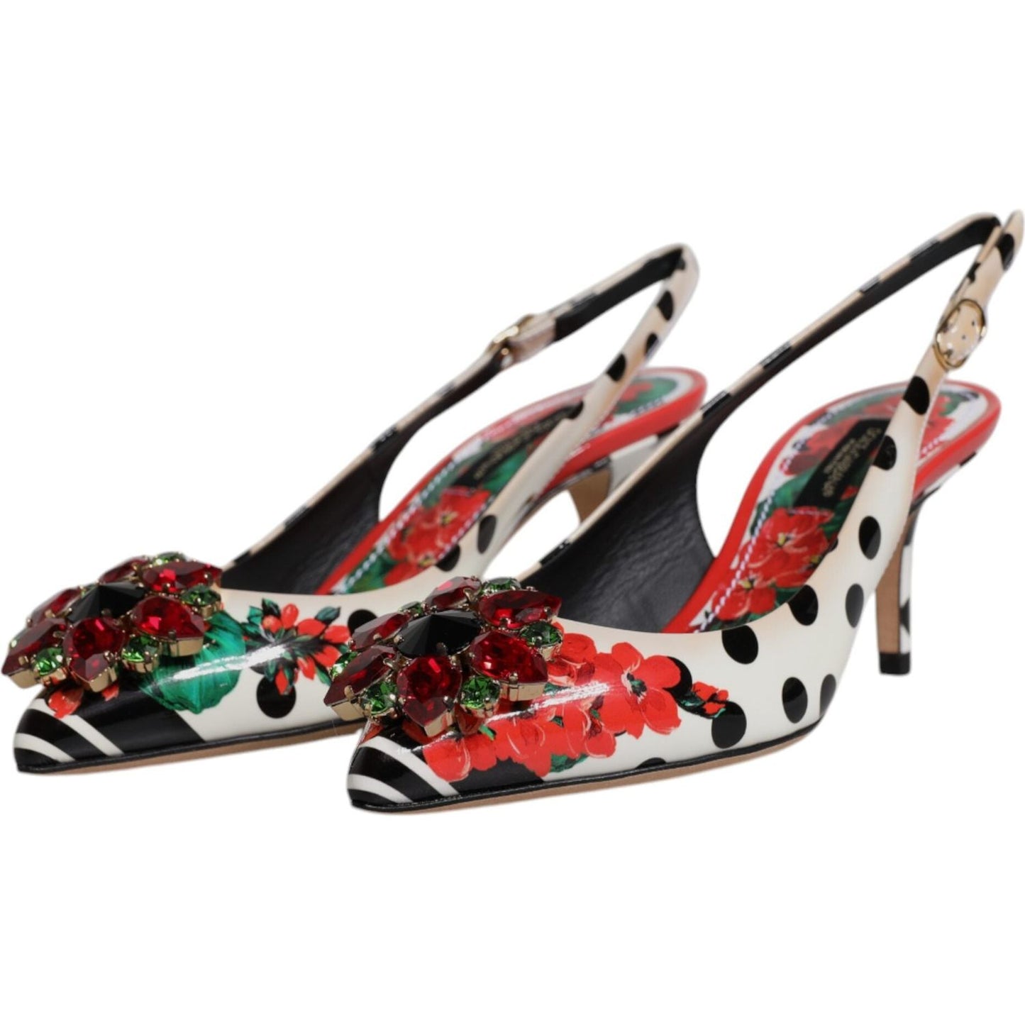 Dolce & Gabbana multicolor leather slingback heels with polka dots, floral print, and crystal embellishments, featuring buckle closure.