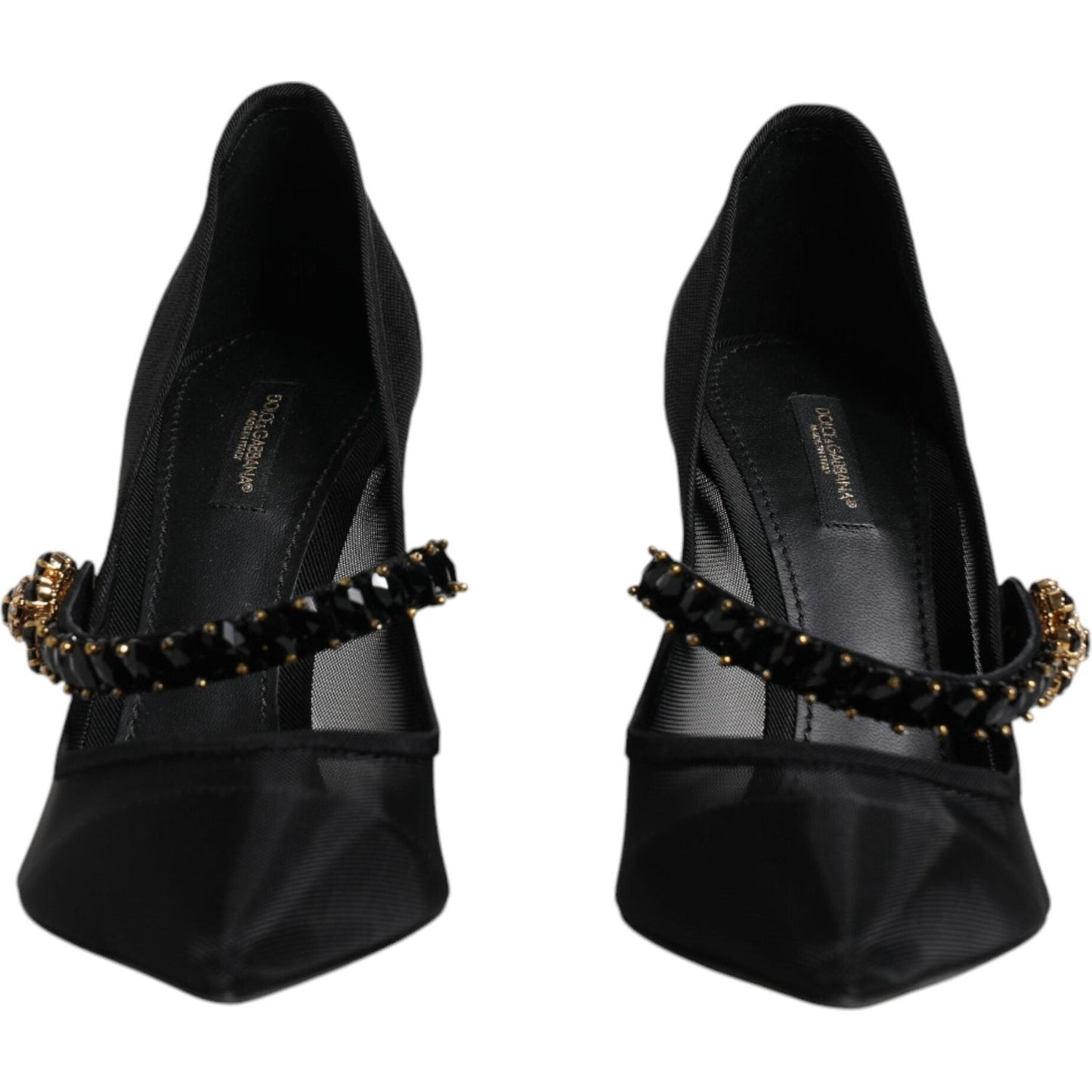 Dolce & Gabbana black mesh Mary Jane shoes with crystal heels, featuring pointed toes and logos, made in Italy.