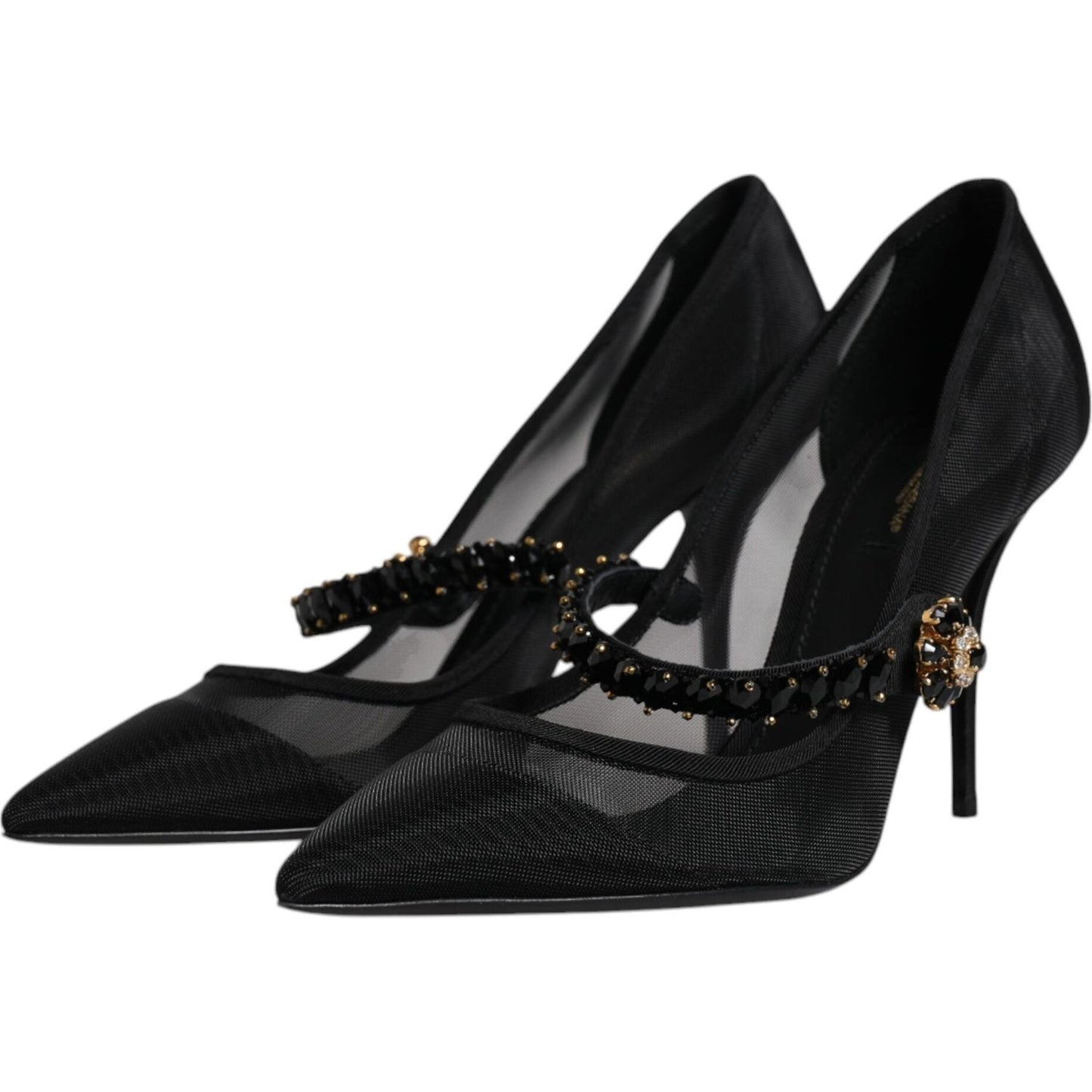 Dolce & Gabbana black mesh Mary Jane pumps with crystal heel, elegant stiletto design, pointed toe, leather sole, high-fashion shoes.