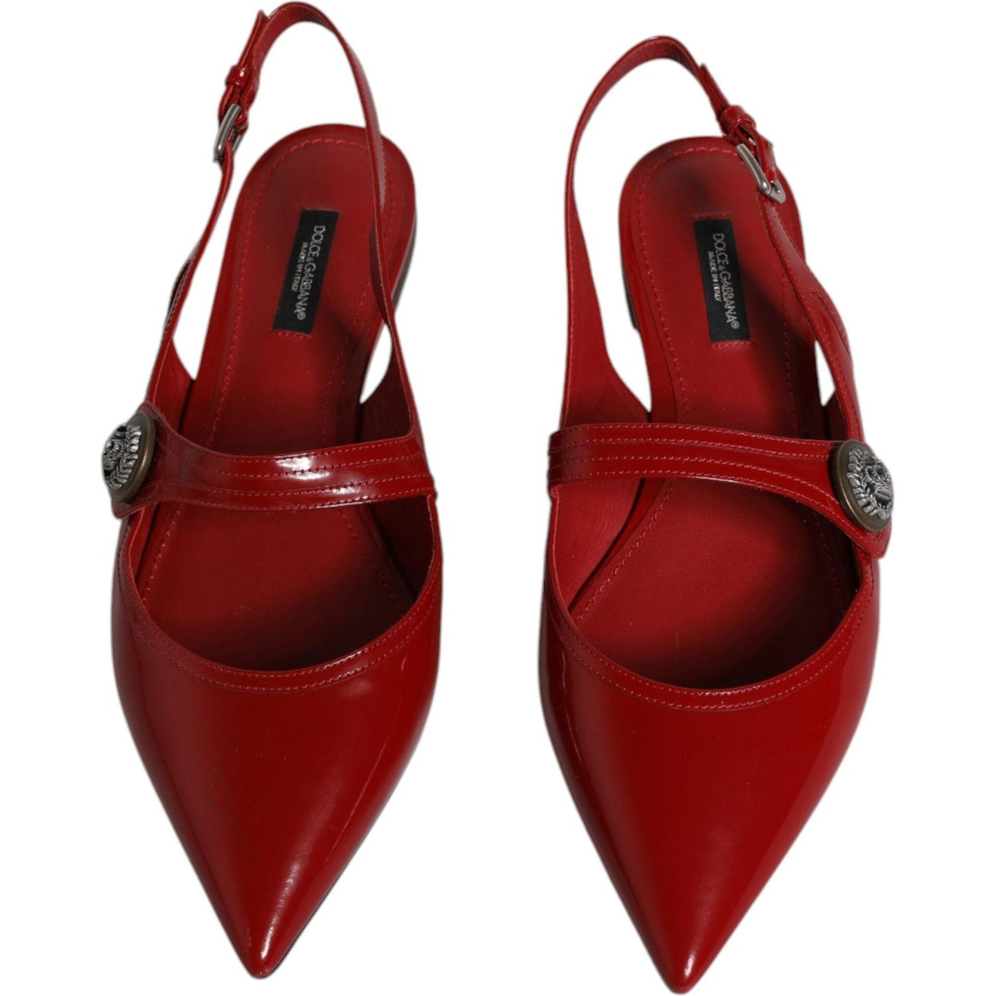 Dolce & Gabbana red leather slingback flats with buckle, made in Italy, detailed logo, high quality, comfortable sandals.