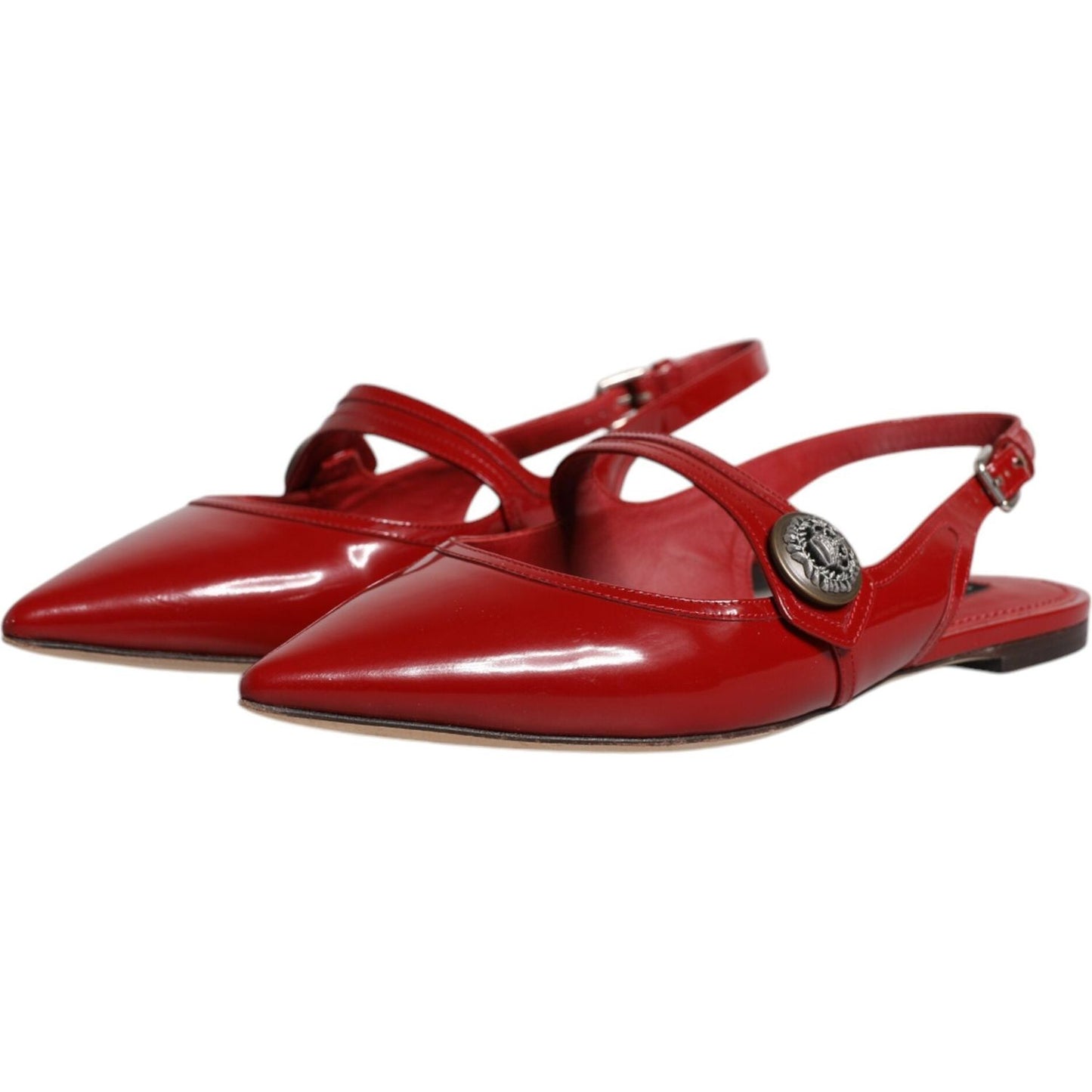 Dolce & Gabbana red leather slingback flats sandals with buckle, calf leather, logo details, high quality, made in Italy.