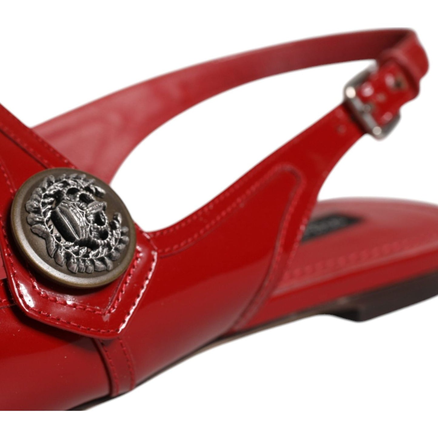 Dolce & Gabbana red leather slingback sandal with buckle and logo detail, made in Italy, calf leather material.