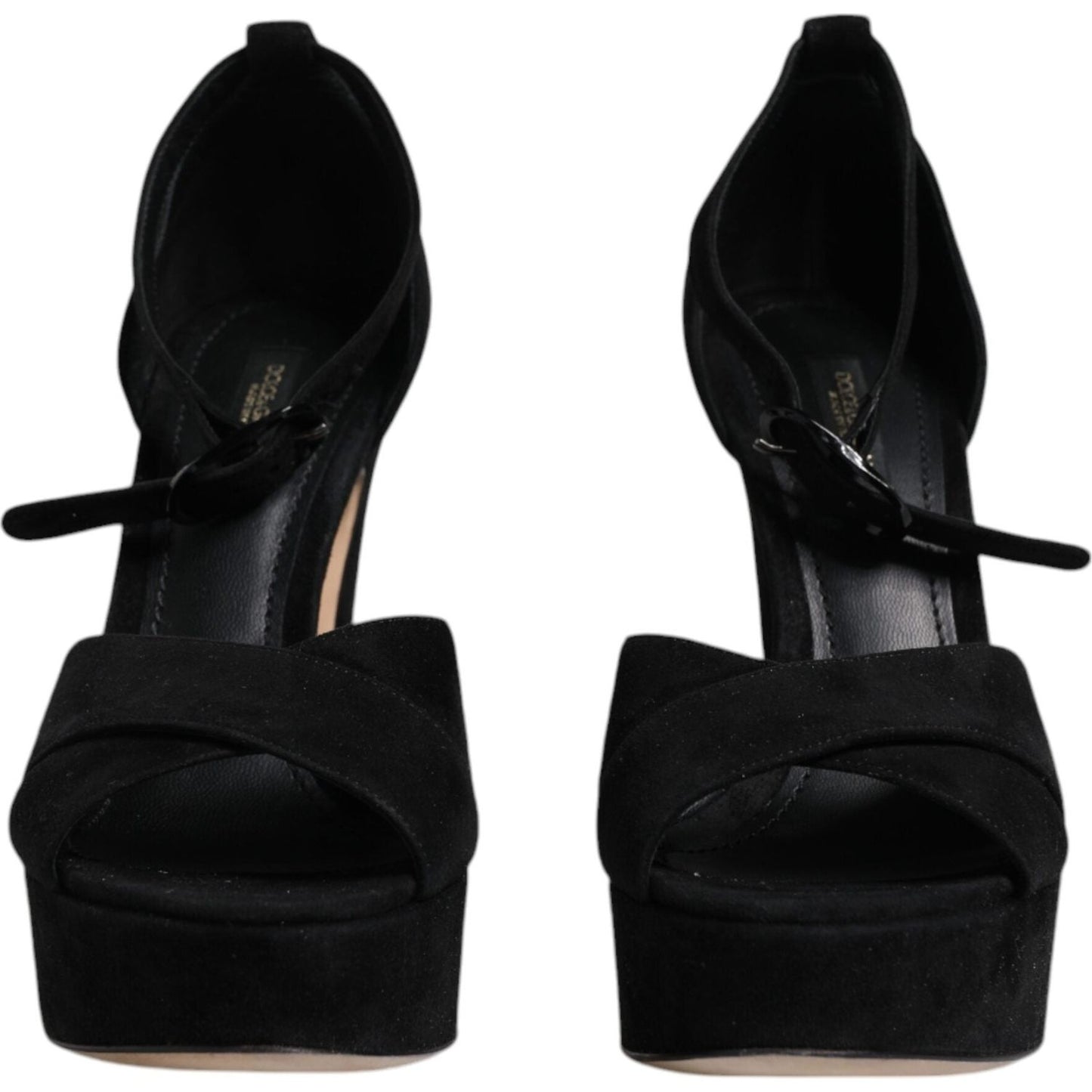 Dolce & Gabbana black leather platform heels sandals with ankle strap and buckle closure, high quality preowned shoes with tags.
