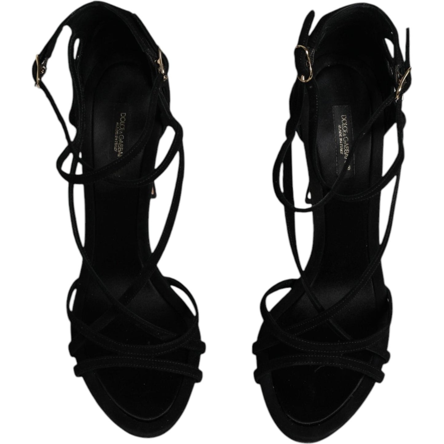 Dolce & Gabbana black suede ankle strap heels sandals with buckle closure and logo details, luxury Italian women's footwear.
