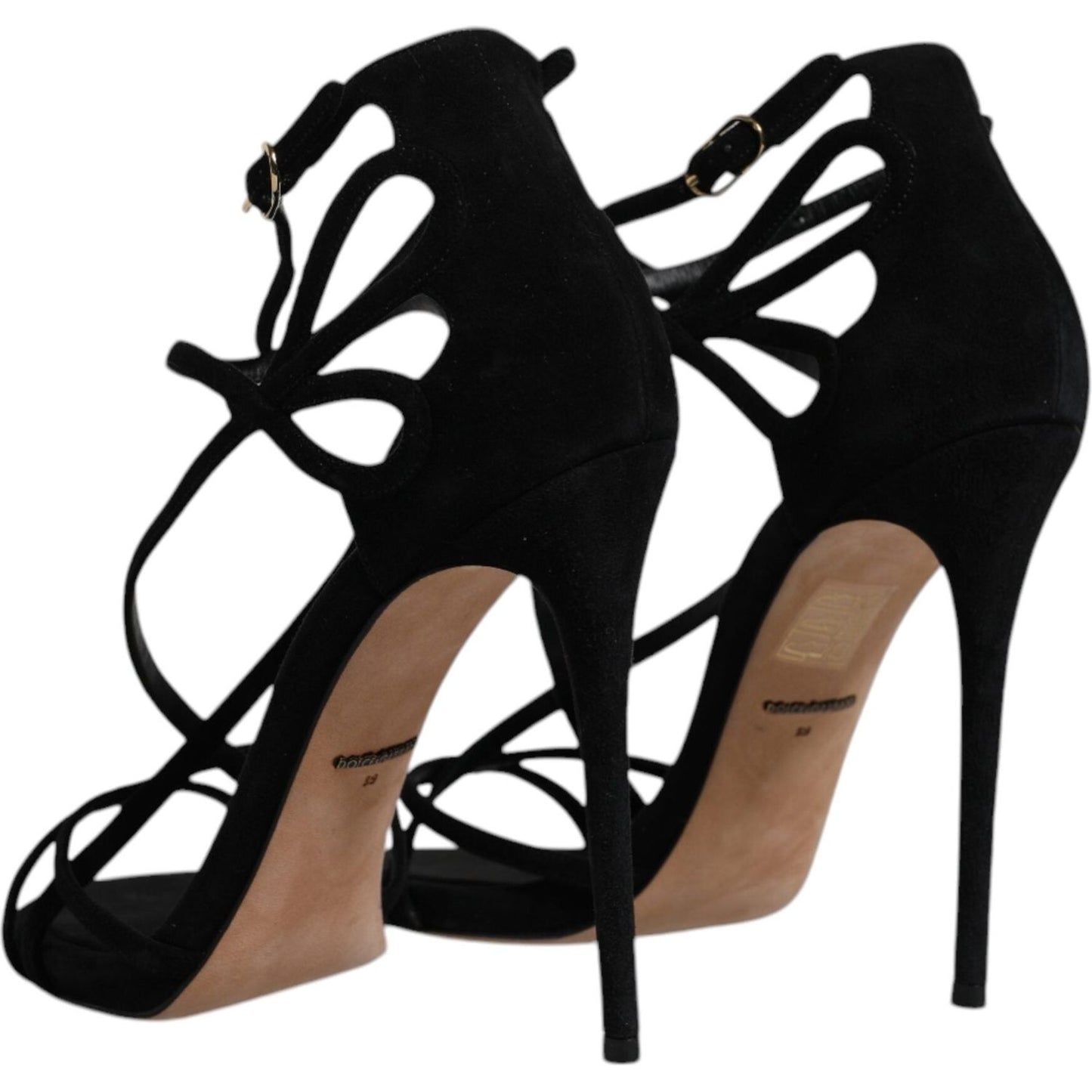 Dolce & Gabbana black suede ankle strap high heels sandals with buckle closure, made in Italy, leather sole, elegant design.