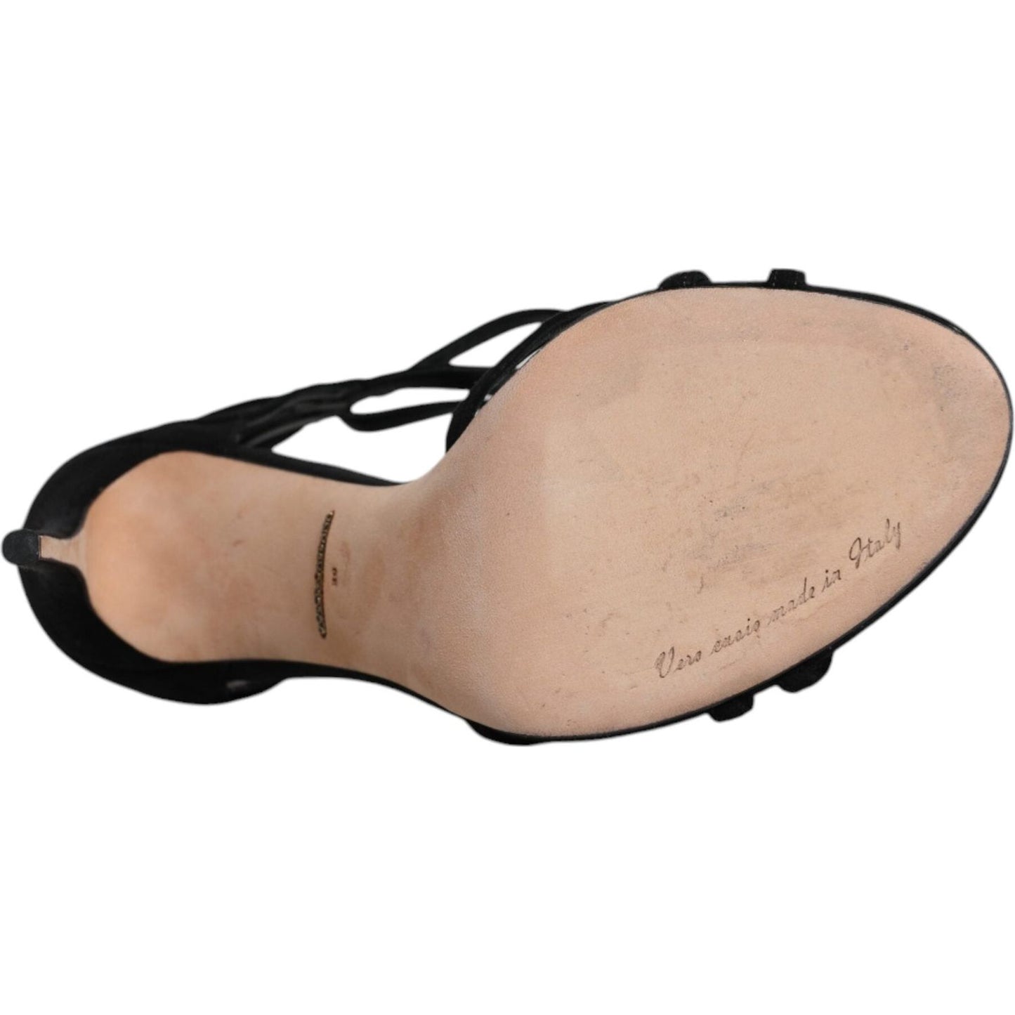 Black suede Dolce & Gabbana heel sandal showcasing leather sole with logo and 'Made in Italy' mark, luxury footwear detail.