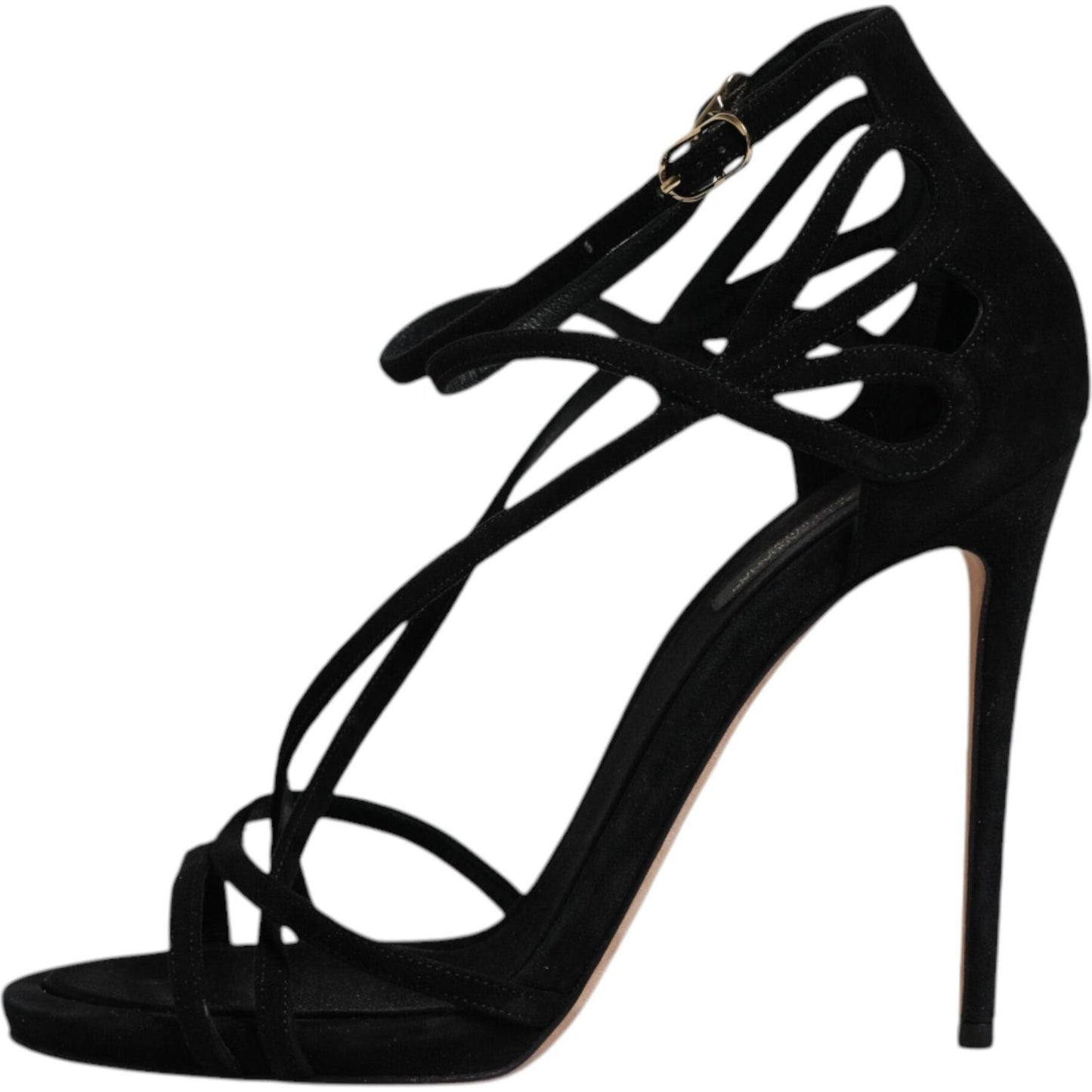 Dolce & Gabbana black suede ankle strap heels sandals with buckle closure and leather sole, elegant high-quality footwear made in Italy.