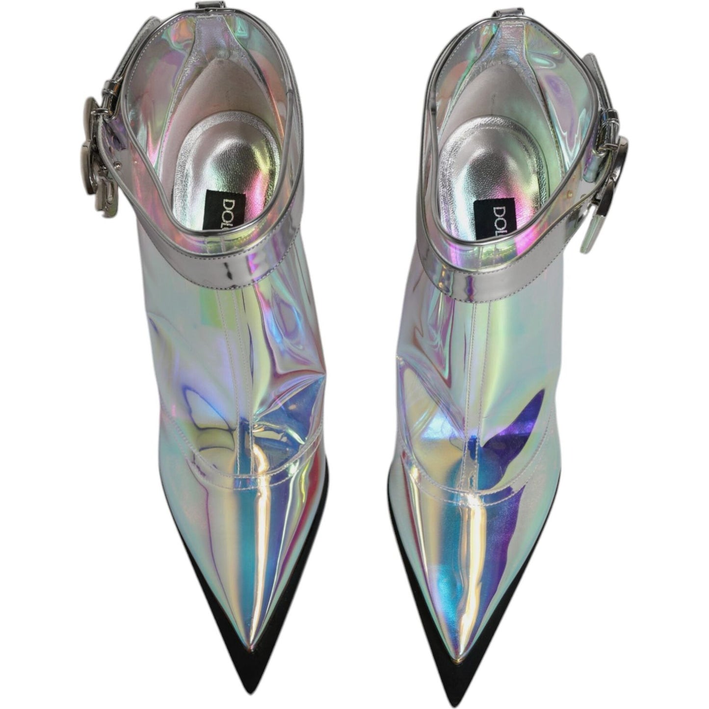 Dolce & Gabbana silver iridescent pointed short ankle boots with buckle closure, store sample with logo details, made in Italy.