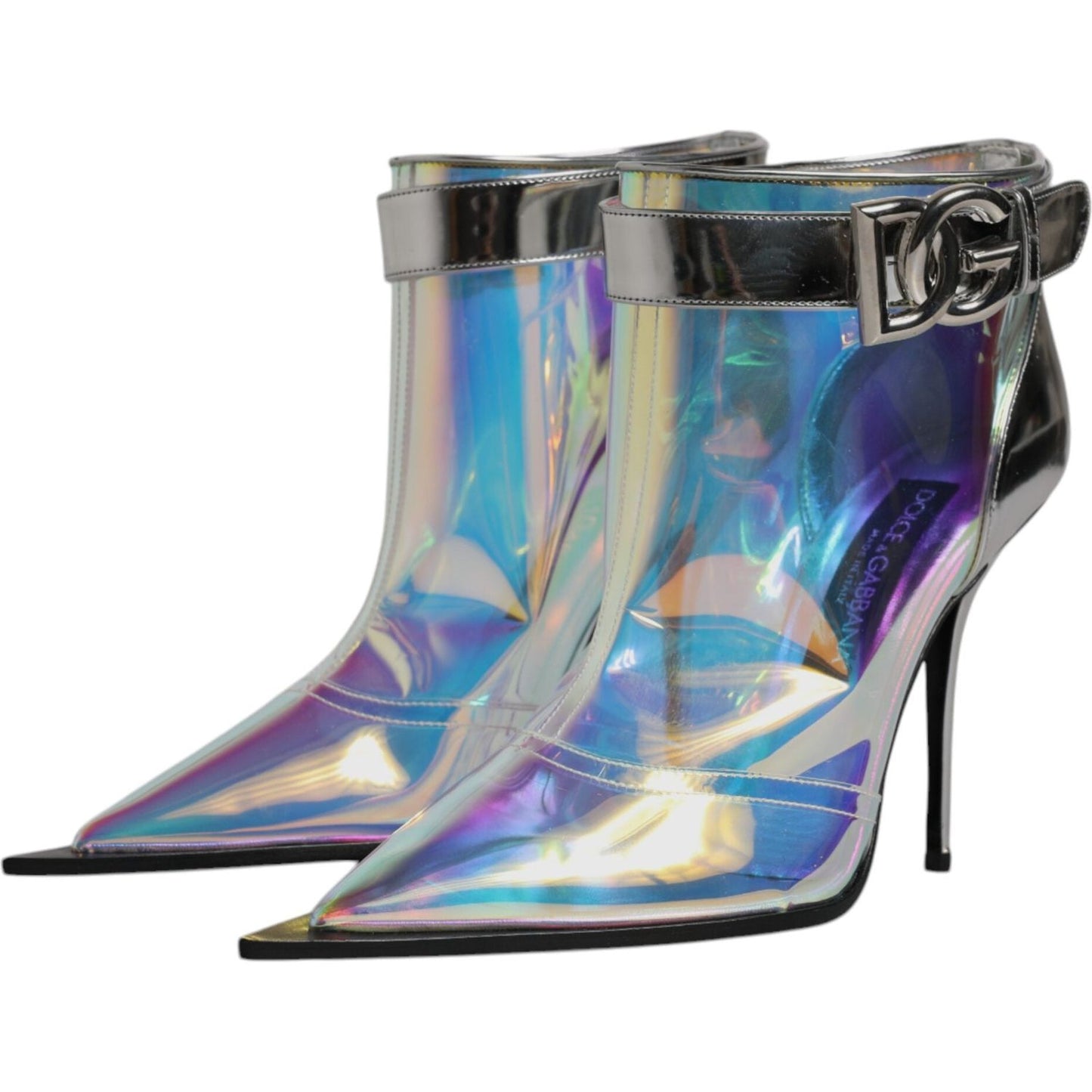 Dolce & Gabbana silver iridescent pointed short ankle boots with buckle closure and logo details.