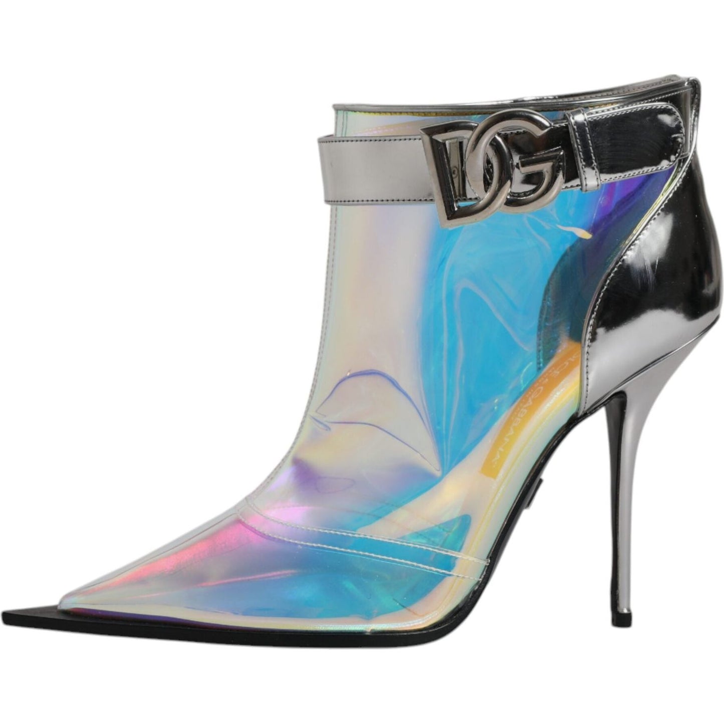 Dolce & Gabbana silver iridescent pointed short ankle boots with buckle closure, leather sole, high quality, and logo detail.