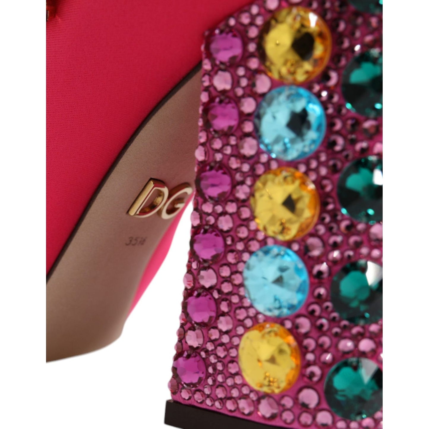 Close-up of Dolce & Gabbana Pink Nylon Crystal Vally High Boots with colorful crystal embellishments, leather sole, and logo detail.