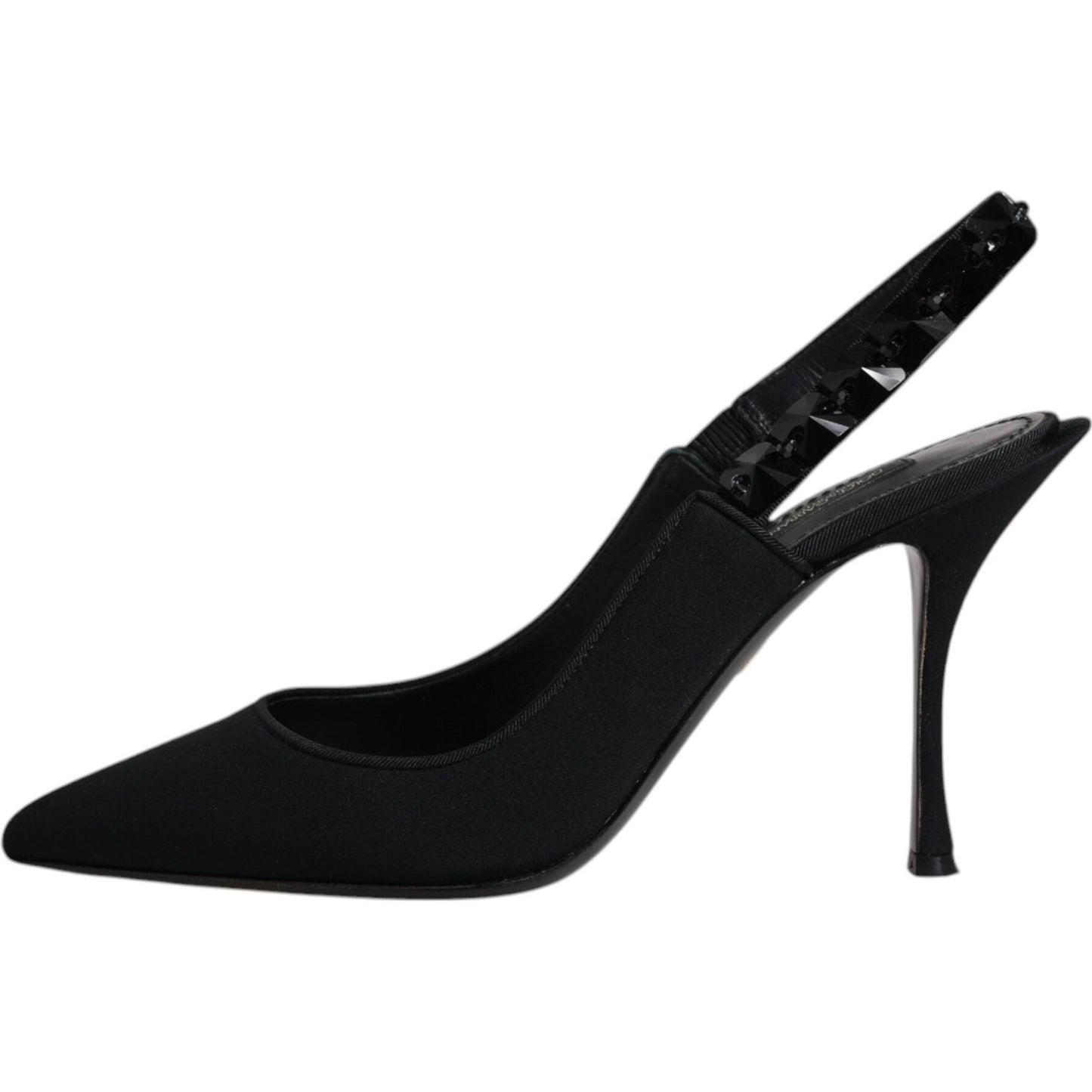 Dolce & Gabbana black embellished charmeuse slingback heels, made in Italy, with logo details; viscose leather sole, high-quality comfort.