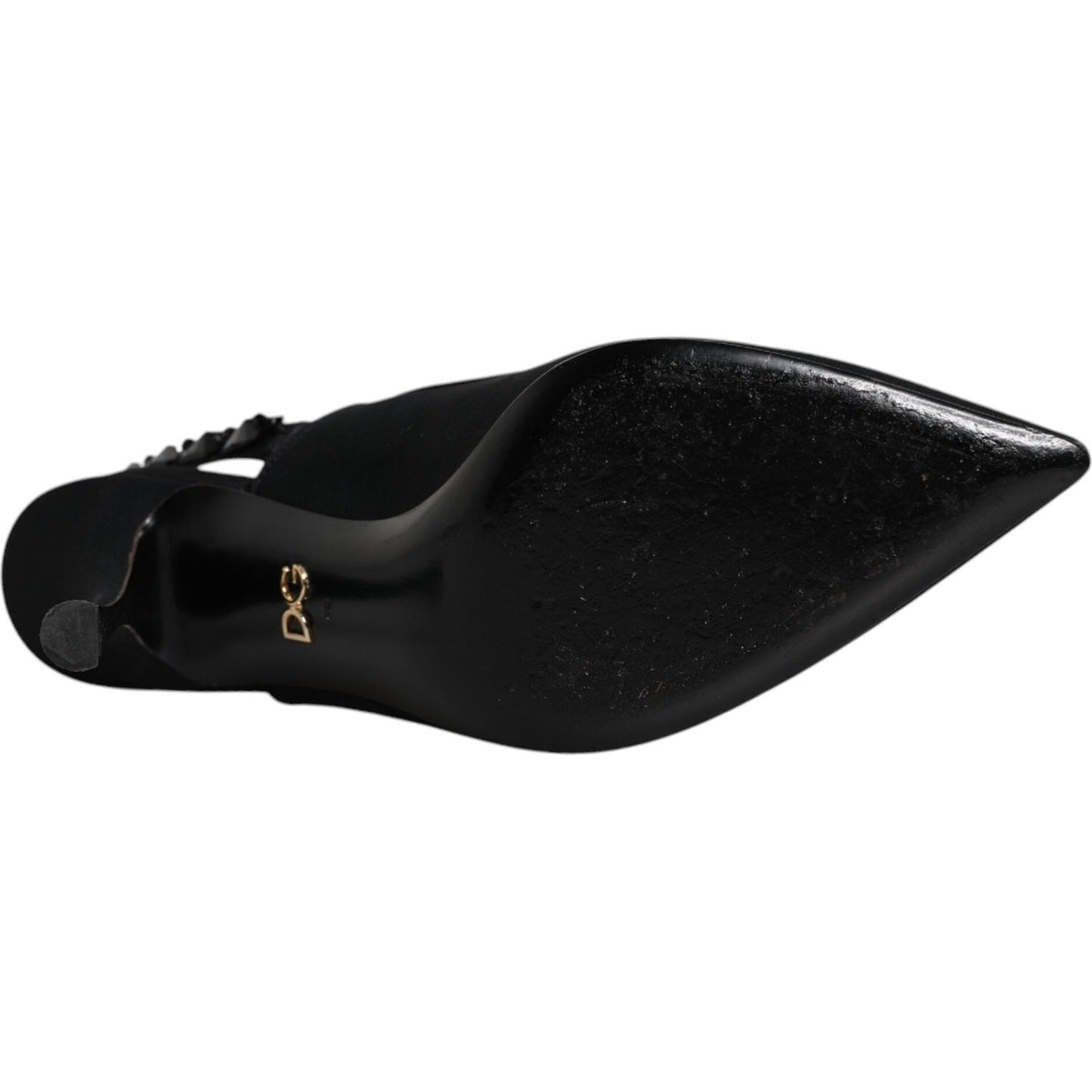 Dolce & Gabbana black embellished slingback shoe sole with logo, viscose leather bottom, designer footwear, made in Italy.